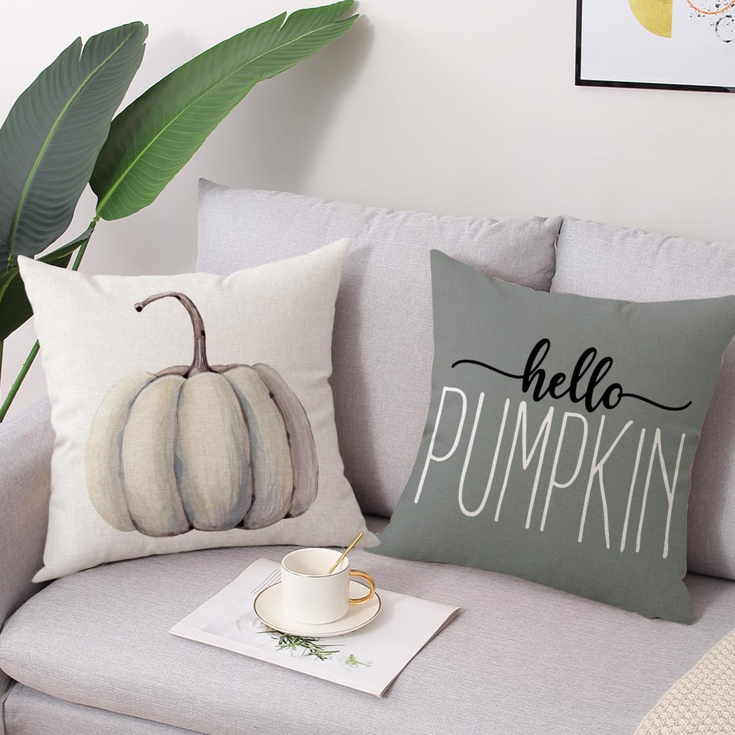 Gujiahone Fall Throw Pillow Covers 18x18 Inches Set of 4 for Fall Decor Gray Pumpkin Truck Happy Harvest Farmhouse Decorative Thanksgiving Autumn Cushion Covers for Sofa Couch