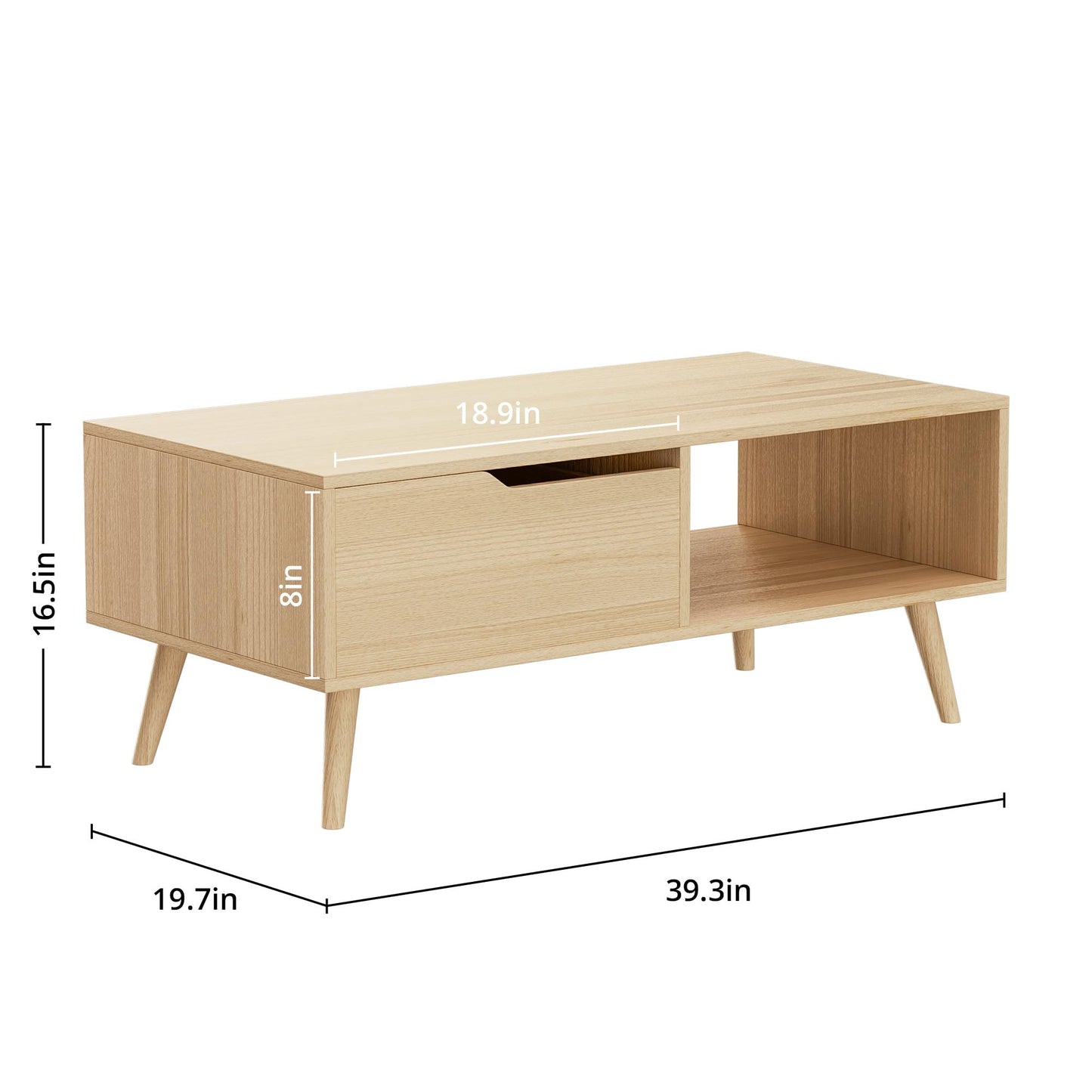 DIYART Oak Coffee Table, Mid Century Modern Coffee Table with Drawer & Shelf, 39'' Wooden Simple Console Table for Living Room