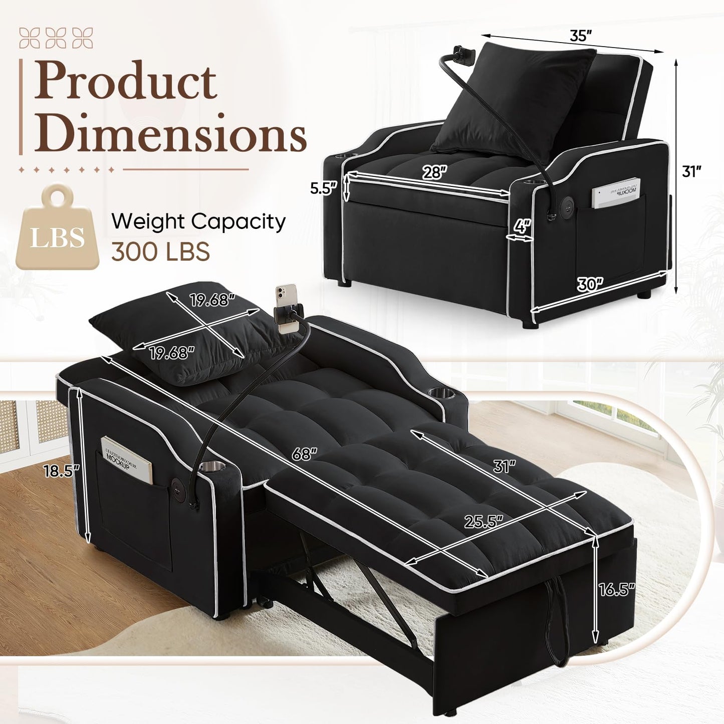 Convertible Sleeper Chair Sofa Bed,3 in 1 Velvet Tufted Pull Out Couch with Swivel Phone Holder & USB Ports,Futon Small Couch Bed w Cup Holders & Adjustable Backrest for Living Room,Small Place(Black)