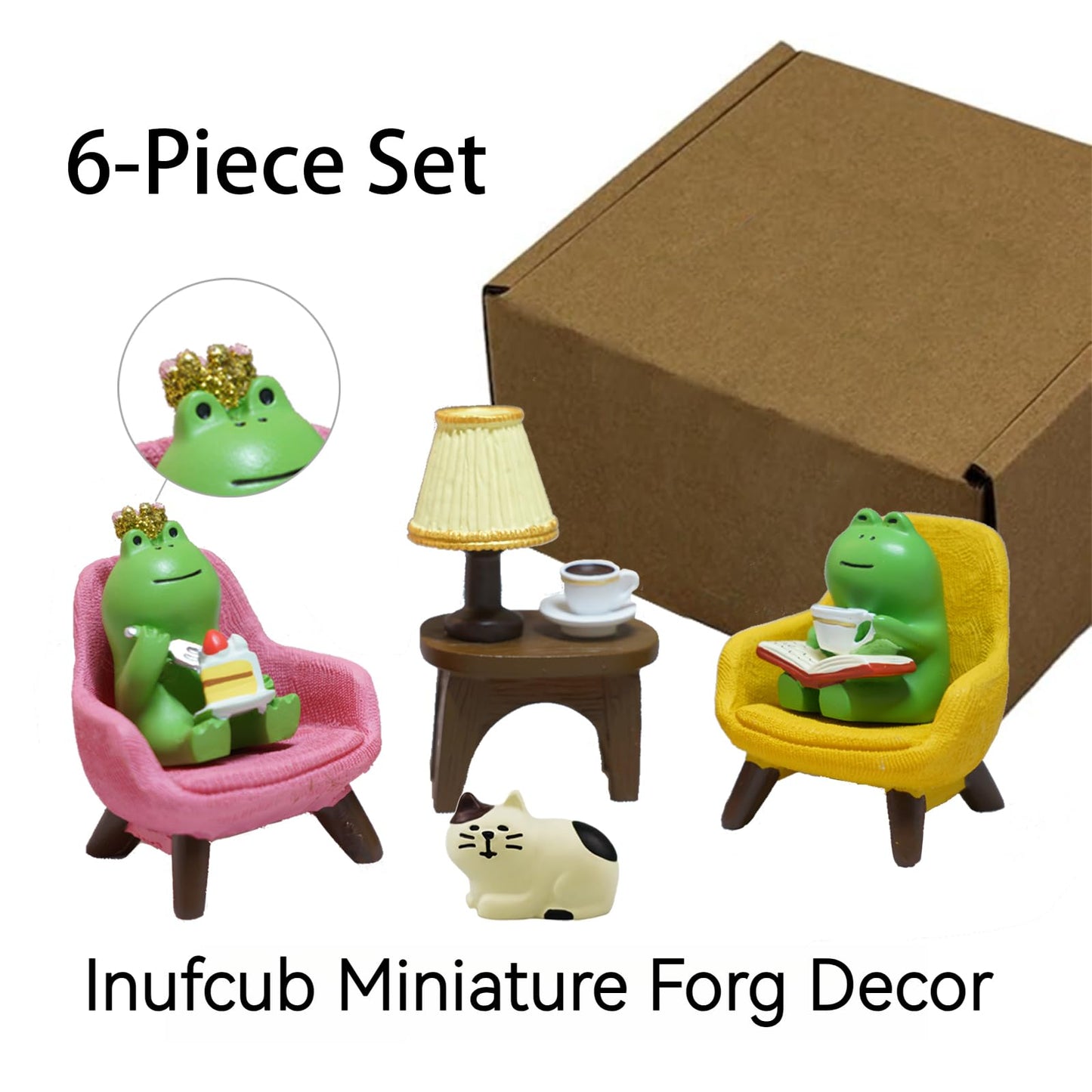 Inufcub Miniature Frog Desk Set with Sofa, Cat & Lamp - 6-Piece Cute Figurines for Office, Fairy Garden & Home Decor, Resin Gift for Frog Lovers