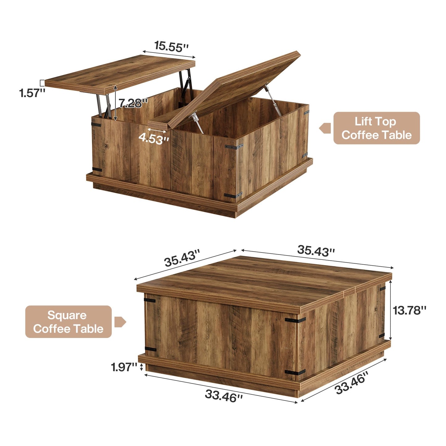 Tribesigns Farmhouse Lift Top Coffee Table, 33.46'' Square Wooden Center Cocktail Table with Large Hidden Storage Compartment for Living Room, Rustic Brown