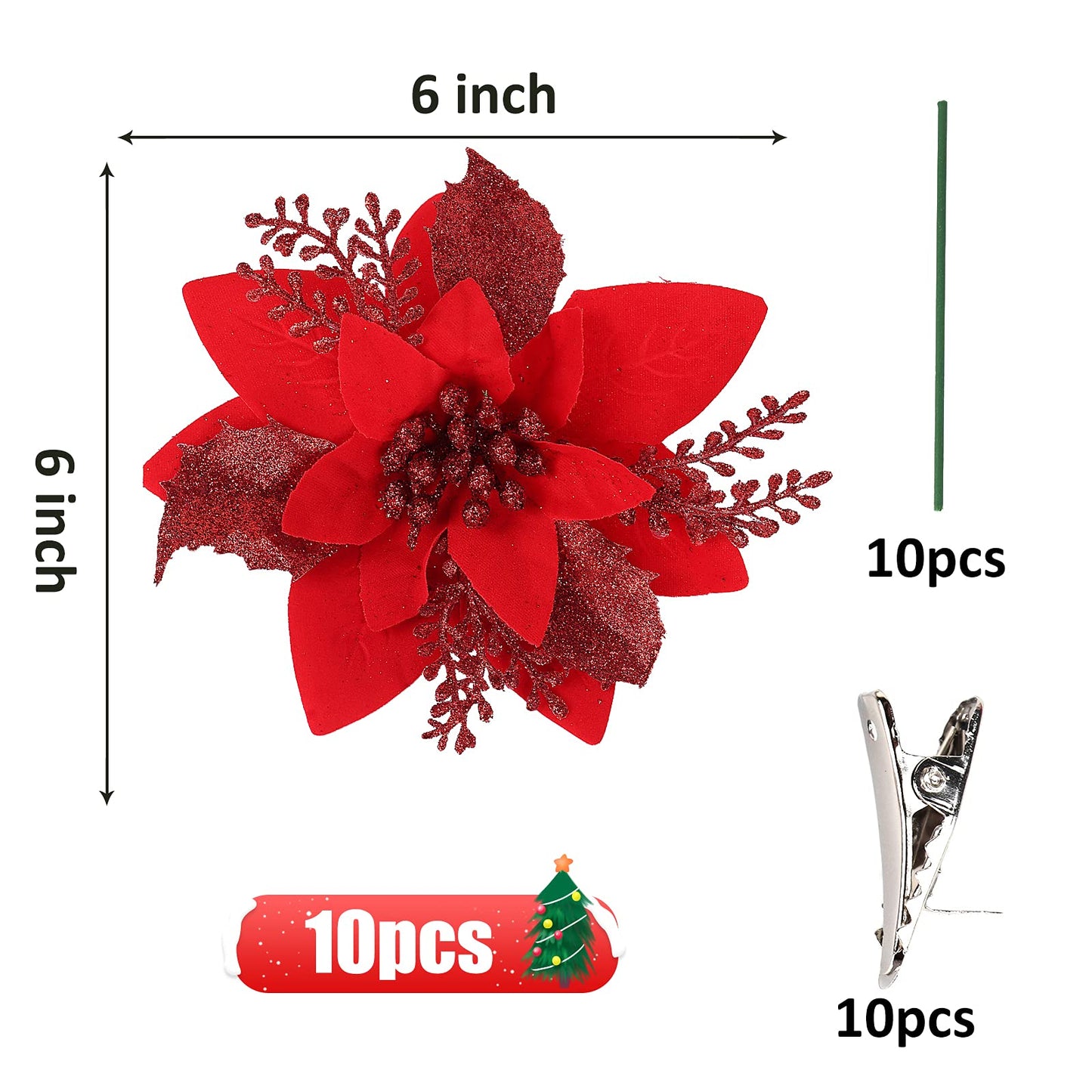 RECUTMS 10 PCS Red Glitter Poinsettia Flowers Christmas Tree Ornaments Fake Christmas Flowers Artificial Christmas Flowers Decorations Wedding Xmas Tree New Year Ornaments Wreath Decoration(Red)