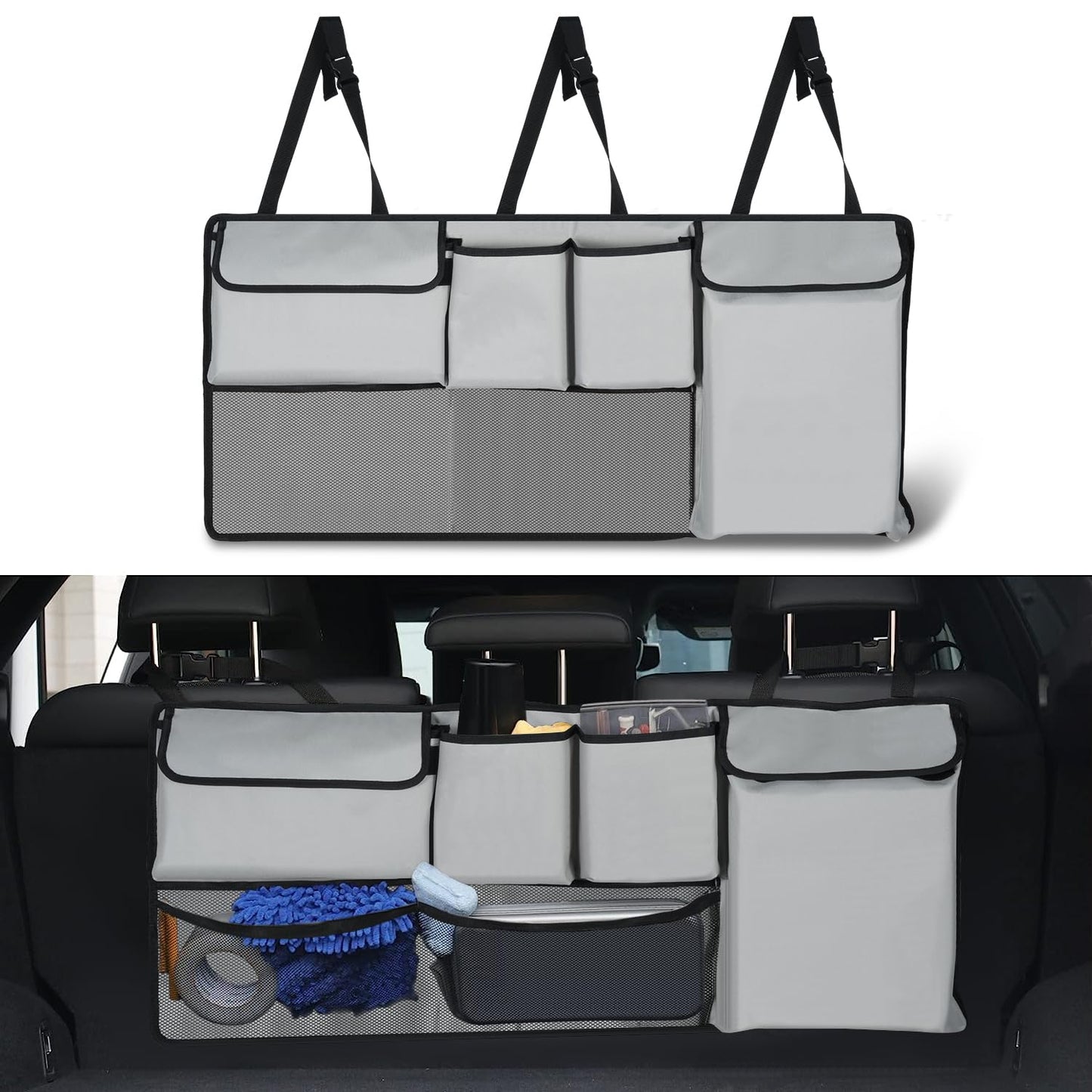 UYYE Trunk Hanging Organizer, Backseat Bag, Car Interior Accessories with 4 Pockets & 2 Mesh Pouches for Groceries, Will Provide More Storage Trunk Space for SUV, Jeep, MPVs