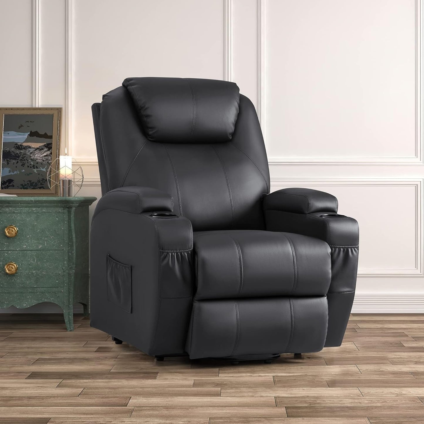 JUMMICO Power Lift Recliner Chair with Massage for Elderly PU Leather Modern Reclining Sofa Chair with Cup Holders, Remote Control, Adjustable Furniture (Black)