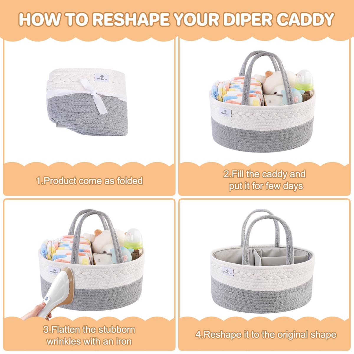 PHILORN Diaper Caddy Organizer, Cotton Rope Diaper Caddy Basket, Woven Diaper Caddy with Dividers, Nursery Storage Basket for Changing Table, Car Diaper Caddy, Baby Shower Gifts