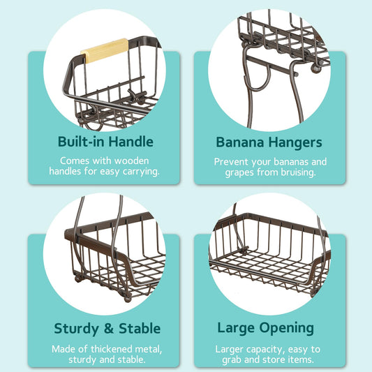 ANTOPY 2 Tier Fruit Basket with 2 Banana Hangers, Detachable Countertop Fruit Bowls for Kitchen Counter, Metal Wire Fruit Vegetable Storage Holder Stand with Wooden Handles for Bread, Snacks, Veggies