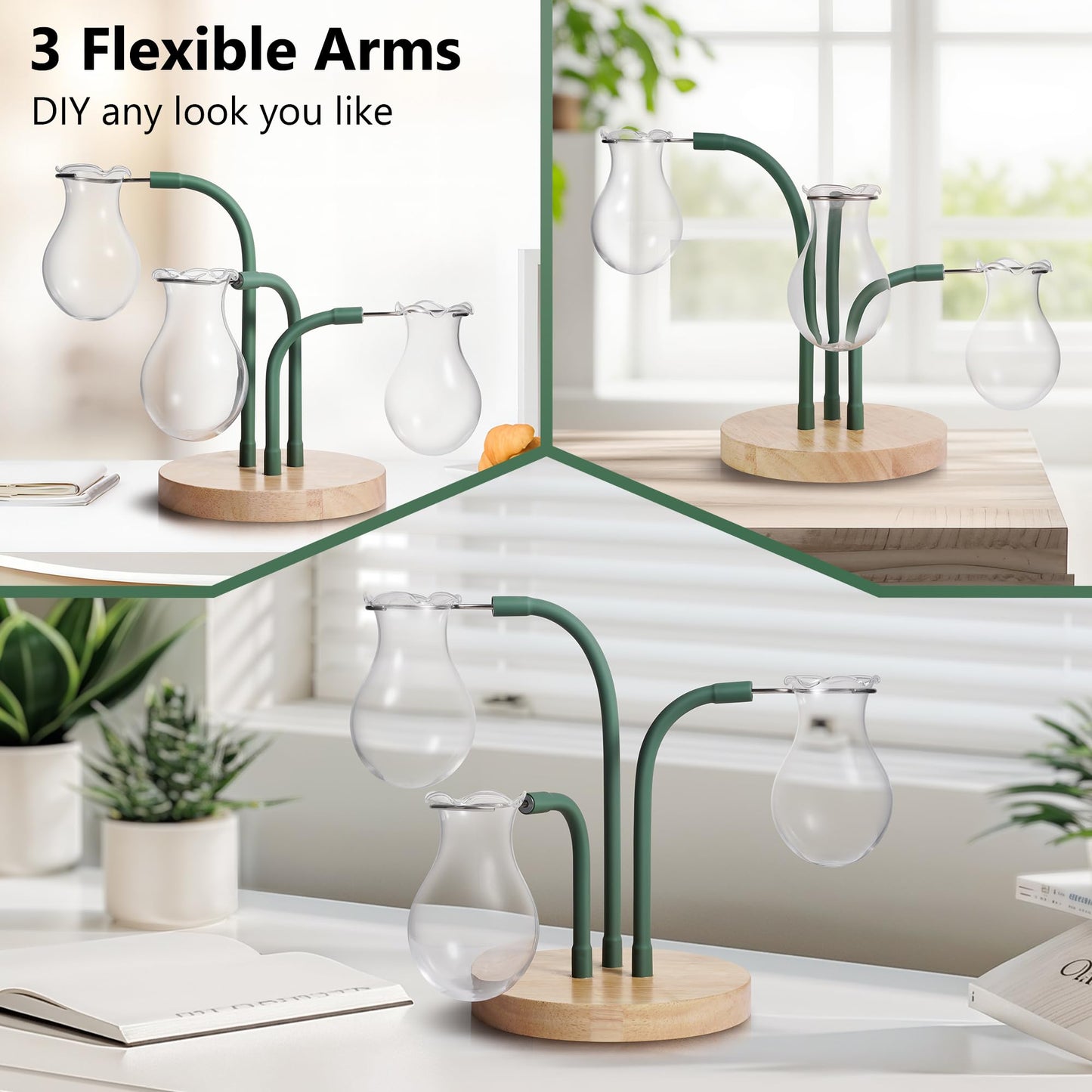 SuJolly DIY Plant Propagation Stations with 3 Flexible Arms, 3 Stylish Glass Vase Bulbs & Oak Wooden Base, Unique Gifts for Plant Lovers, Garden Women, Home or Office Decor, Housewarming Gift Ideas