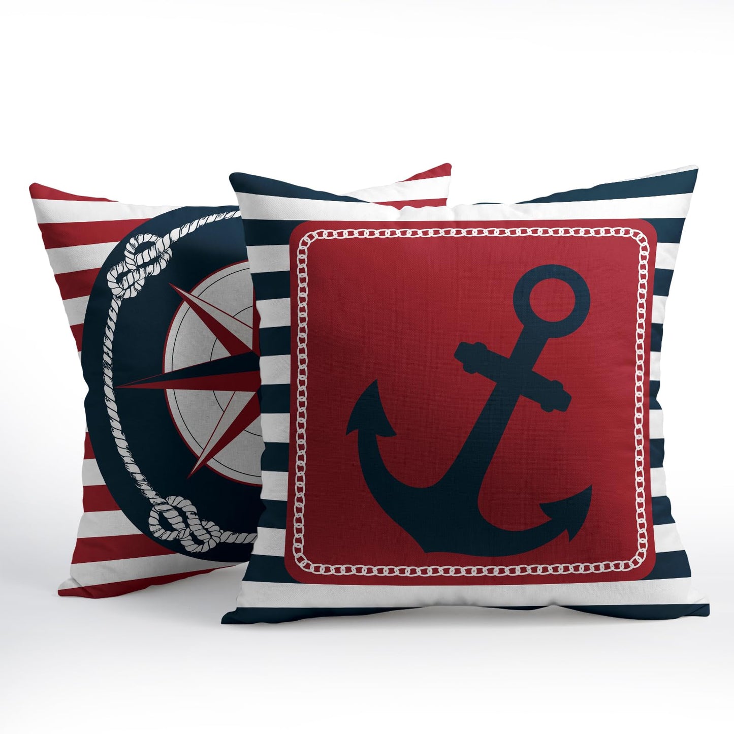Anchor Compass Throw Pillow Cases Outdoor Nautical Pillow Covers Blue and White Stripes Decorative Cushion Cover 18x18 Inch Red and White Cotton Linen Pillowcases for Beach Coast Home Bedroom