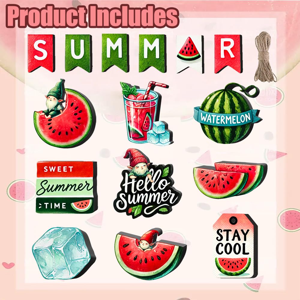 16 Pcs Summer Watermelon Decor - Wooden Farmhouse Tiered Tray Decorations Set, Watermelon Gnome Tiered Tray Decor, Summer Decorations for Home, Room, Table, Party, Kitchen, Office