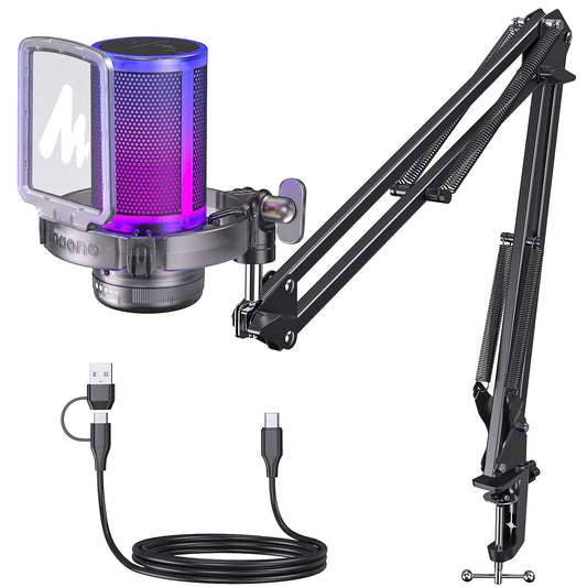 MAONO Gaming USB Microphone, Noise Cancellation Condenser mic with Mute, Gain, Monitoring, Boom Arm for Streaming, Podcast, Twitch, YouTube, Discord, PC, Computer, PS4, PS5, Mac, GamerWave DGM20S