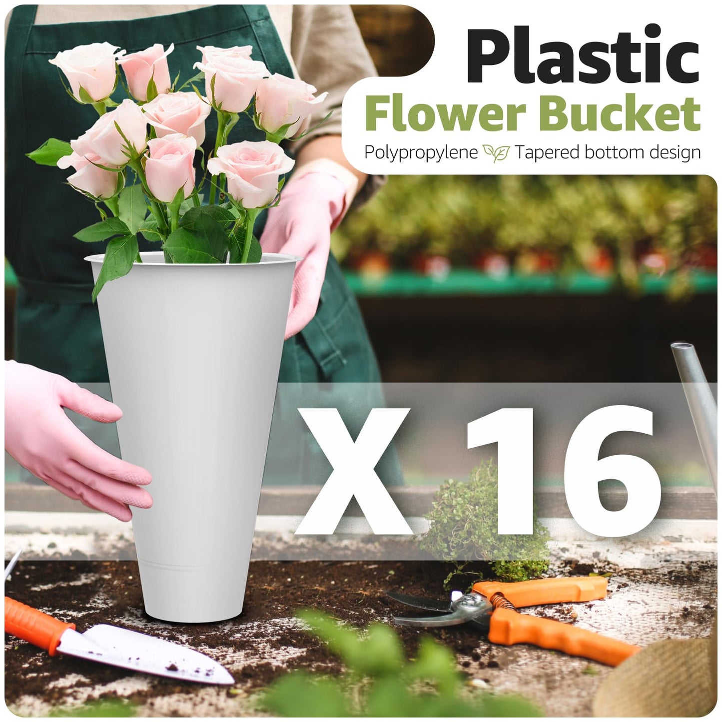 YOEXTO Flower Display Stand 4 Layers with 16 PCS Round Buckets, Plant Stand with Wheels, Movable Metal Plant Stand for Terrace Garden, Florist Shop