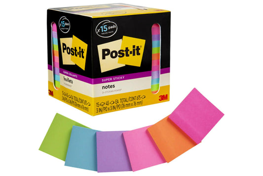 Post-it Super Sticky Notes, Assorted Bright Colors, 3x3 in, 15 Pads/Pack, 45 Sheets/Pad, 2X The Sticking Power, Recyclable, Multi-Color