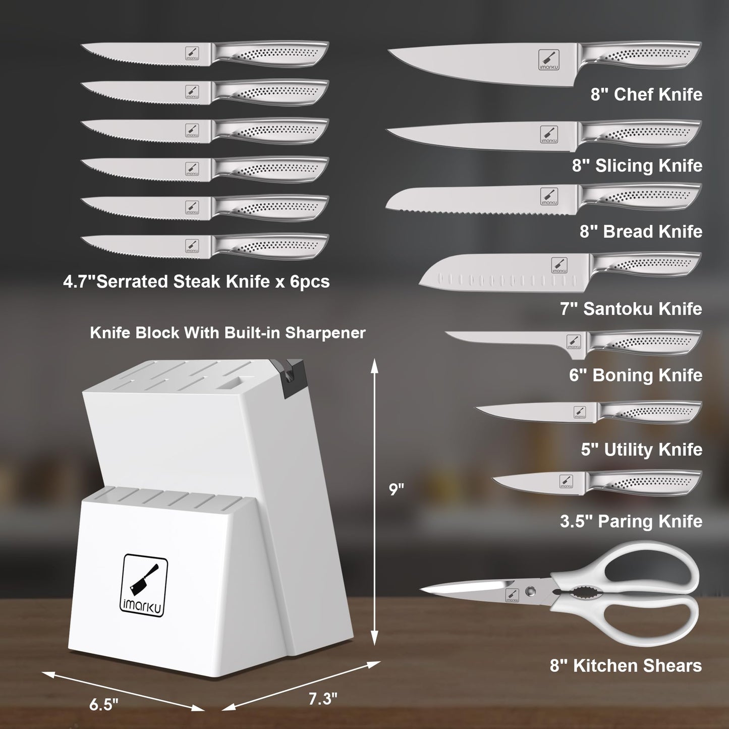 imarku Knife Set, Japanese HC Stainless Steel 15 PCS Kitchen Knife Set With Block With Built-in Sharpener, Razor-Sharp Blade Knife Block Set With Dotted Ergomomic Handle, Best Birthday Gifts, White