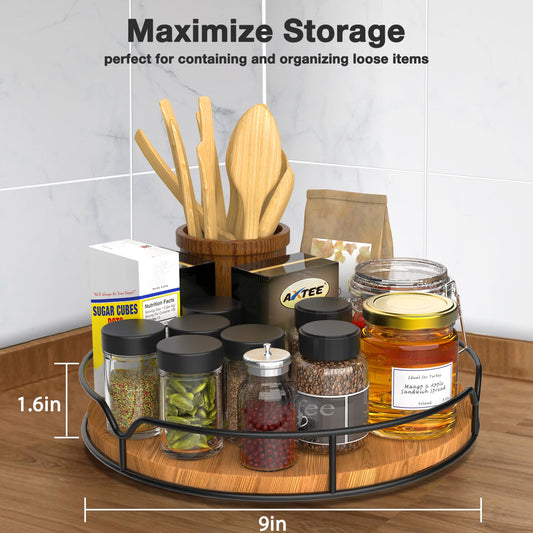 Lazy Susan Turntable Organizer for Cabinet Pantry Kitchen Countertop Refrigerator Cupboard, Pine Wood, 9", Carbonized Black