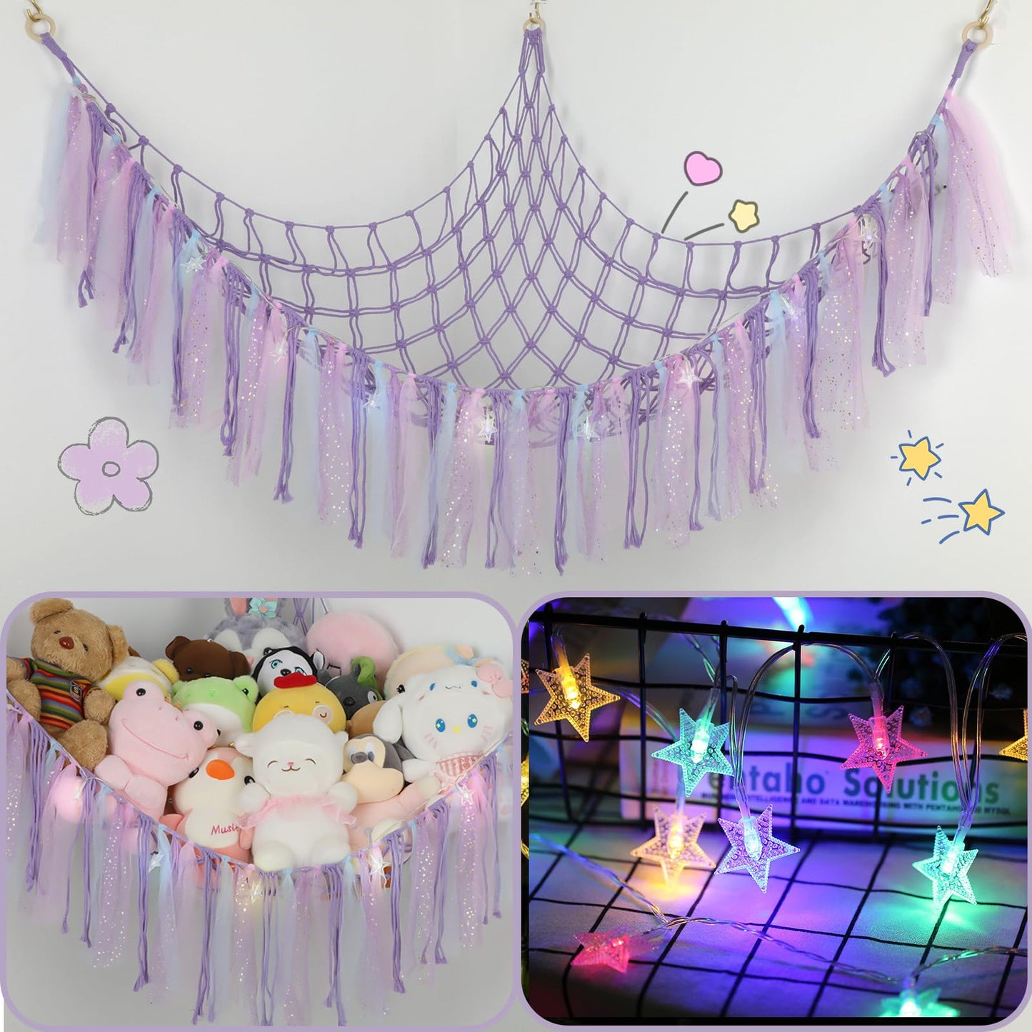 Stuffed Animal Hammock with LED Lights - 59 Inch Large Toy Storage Net for Kids Bedroom, Wall-Mounted Plush Organizer with Wooden Rings, Nursery Decor (Handwoven, Purple)
