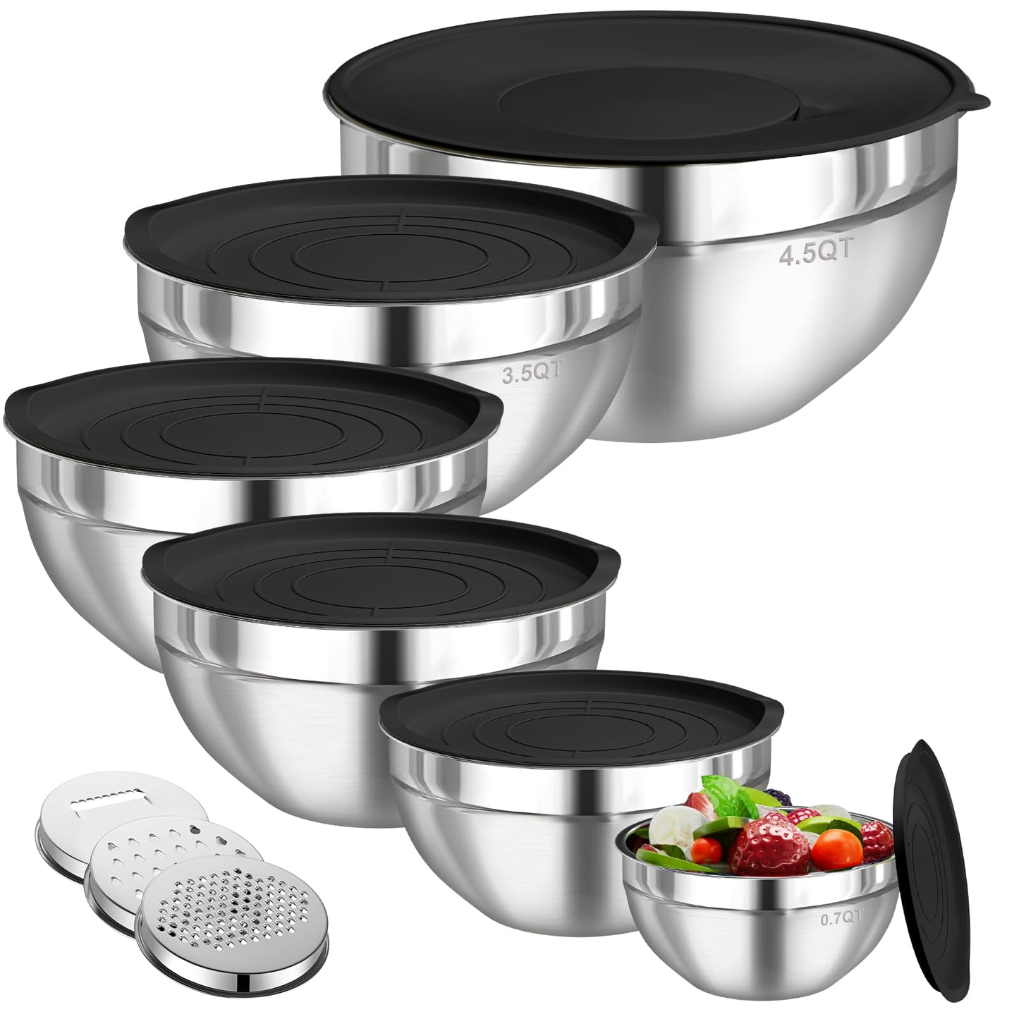 Winproper Mixing Bowls with Lids Set, 6 PCS Stainless Steel Mixing Bowls with 3 Grater Attachments, Kitchen Food Storage Organizers Nesting Mixing Bowl, Large Size 4.5, 3.5, 2.1, 1.5, 1.1, 0.7QT-Black