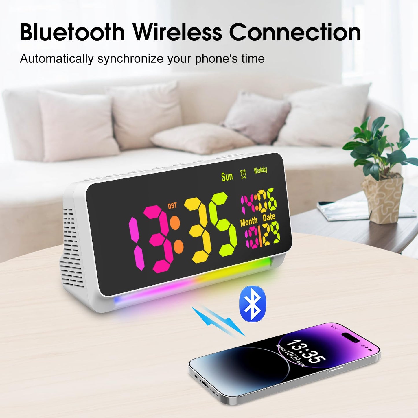 PERSUPER 120db Super Loud Alarm Clock for Heavy Sleepers, Bluetooth Connection, 15 Wake Up Sounds, 7 Color Night Light, Dynamic RGB Color Changing, 0-100% Dimmer, Snooze, Digital Clock for Bedroom