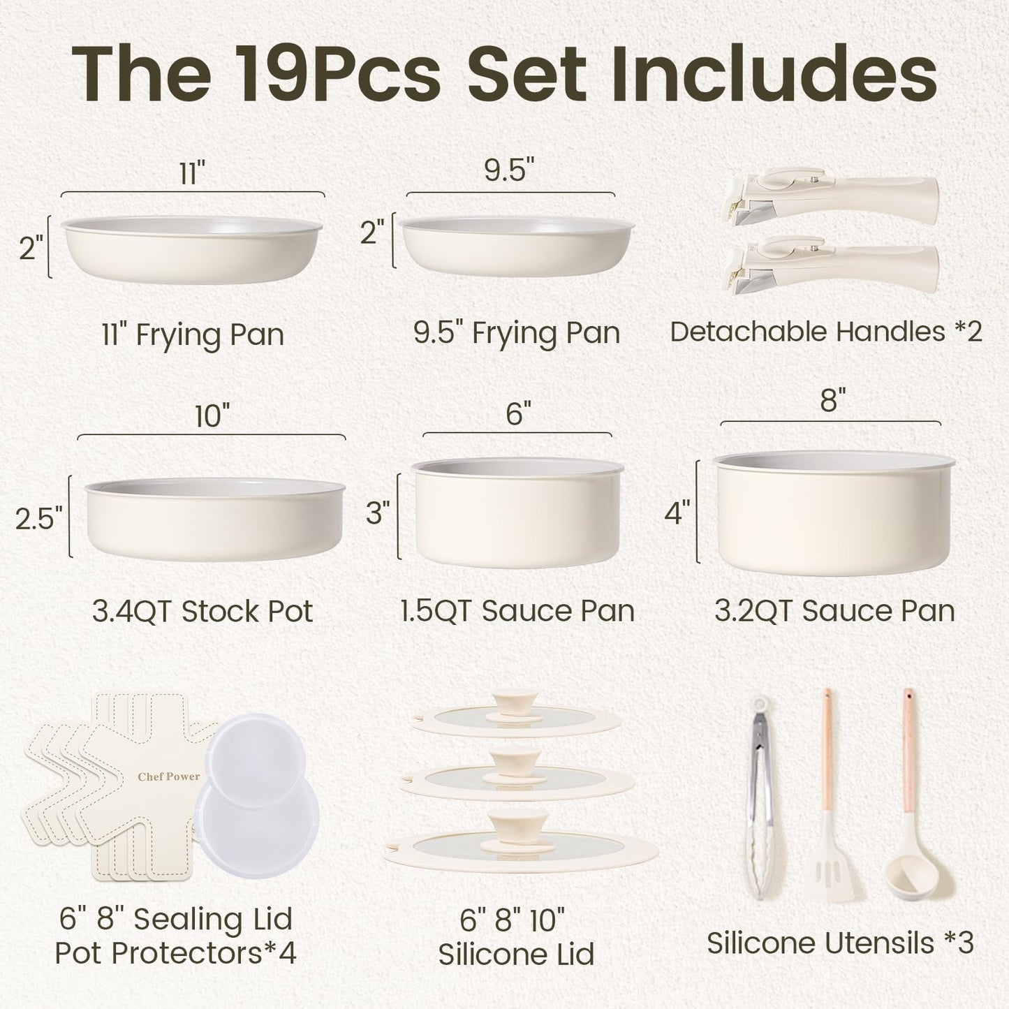 Chef Power Ceramic Nonstick Pots and Pans Set 19 Piece with Detachable Handle, Induction Dishwasher Oven Safe Cookware Set, RV Kitchen Set Removable Handle, Granite Grey and White