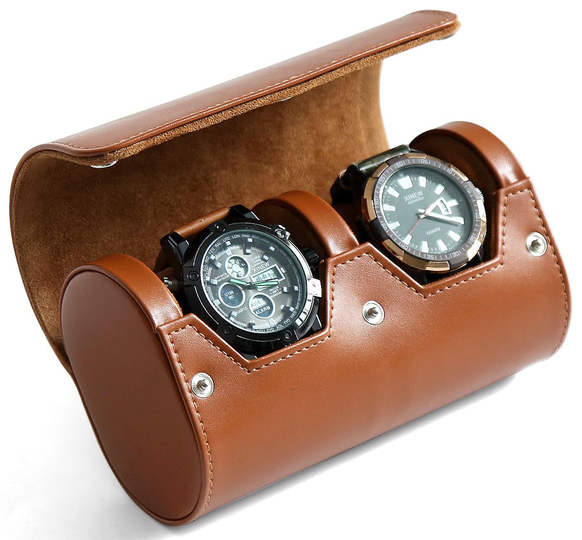 Besforu Watch Roll Travel Case for Men and Women with Suede Lining Portable 2 Slot Watch Display Storage and Organizer to Holder Large Watch(2 Slot Light Brown)