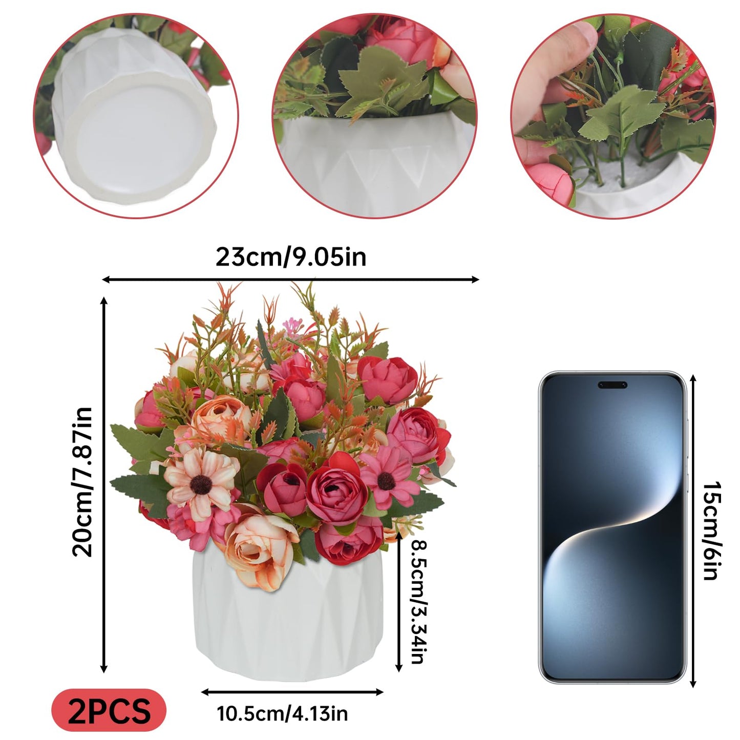 2 Pack Fake Flowers in Vase Small Artificial Faux Plants with Pot Indoor Summer Spring Decor Silk Rose Flowers for Centerpiece Table Decorations Home Office Desk Wedding Decor