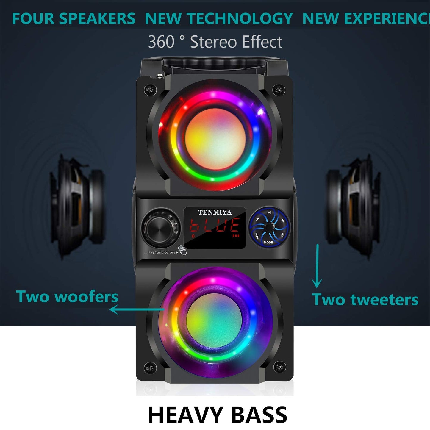 Bluetooth Speaker, 40W (60W Peak) Portable Wireless Speaker with Colorful Lights, Double Subwoofer Heavy Bass, FM Radio, MP3 Player, Bluetooth 5.0, Loud Stereo speakers for Home Outdoor Party Camping