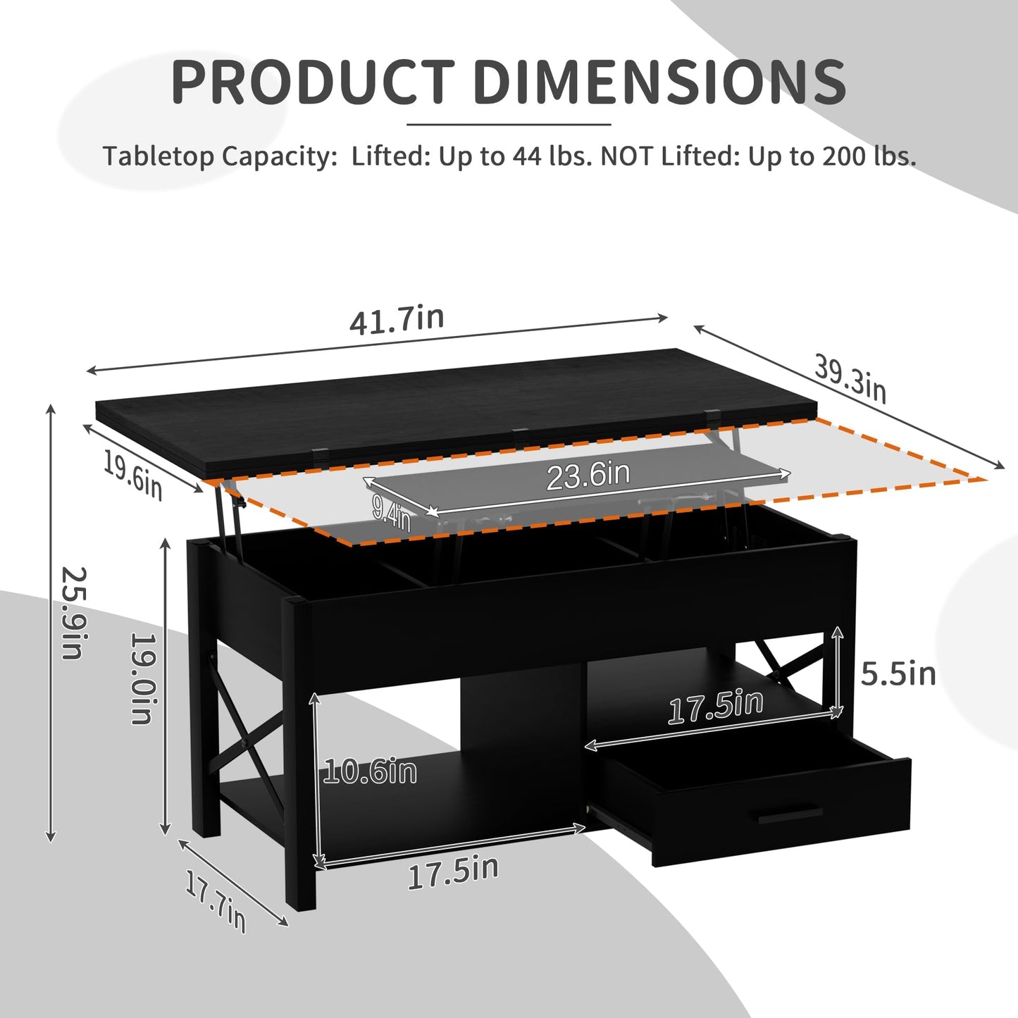Lift Top Coffee Table with Storage, Black Lift Top Coffee Table with Drawers&Hidden Compartment, Multi-Functional Center Table, Convertible Coffee Tables into Dining Table for Home Living Room Office