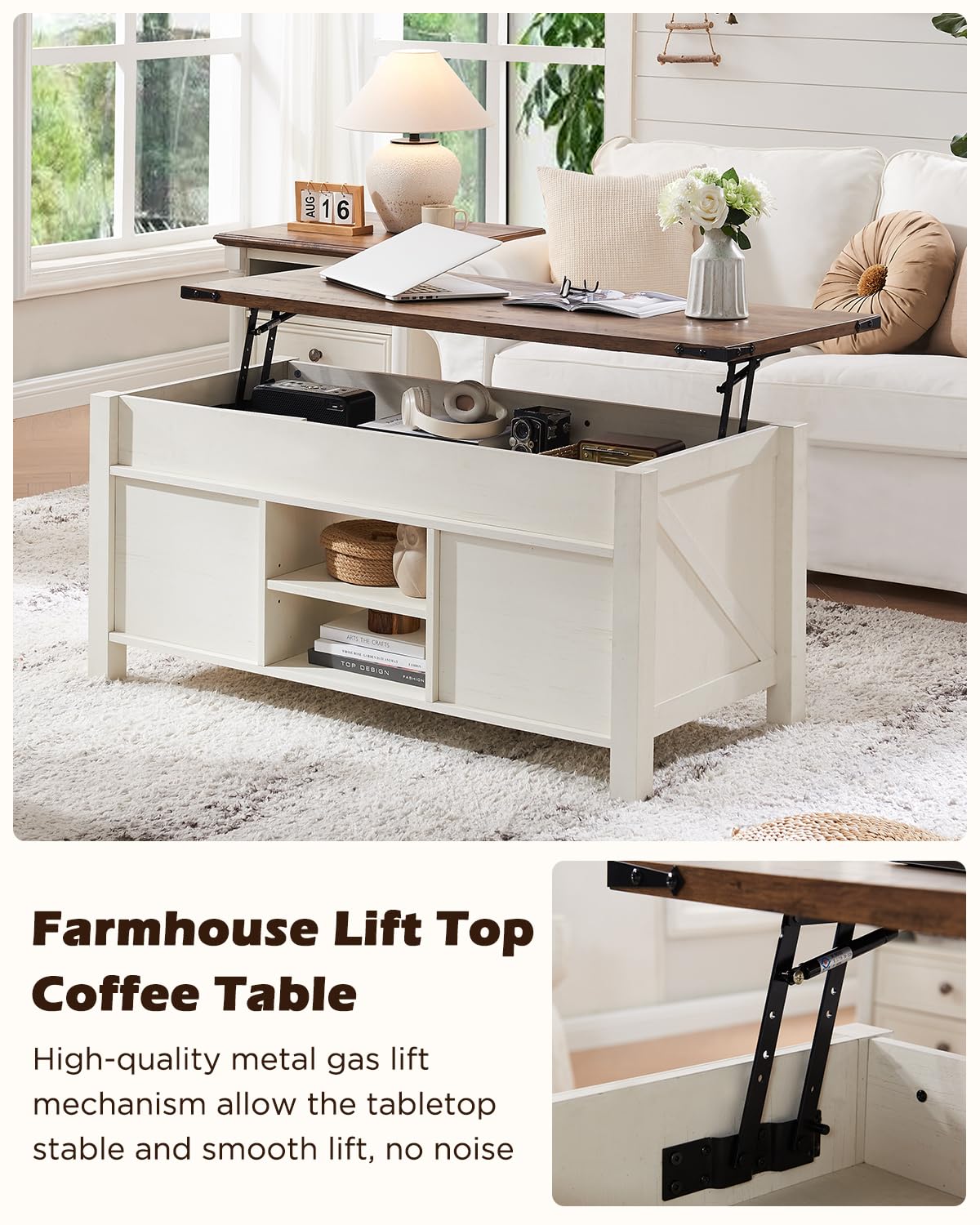 OKD 48" Farmhouse Lift Top Coffee Table with Sliding Barn Door,Rustic Center Table with Hidden Storage Compartment,Lifting Tabletop and Adjustable Shelf for Living Room,Office,Antique White