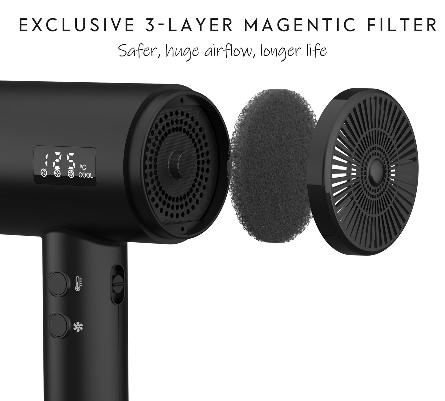 AINA Professional Salon Hair Dryer,2000W Blow Dryer with Diffuser Brush Comb for Women-BLDC Hair Dryer-Brushless Motor 150,000 RPM,Ionic,LED Display,4 Magnetic Attachments 110V/ALCI (Vader Black)