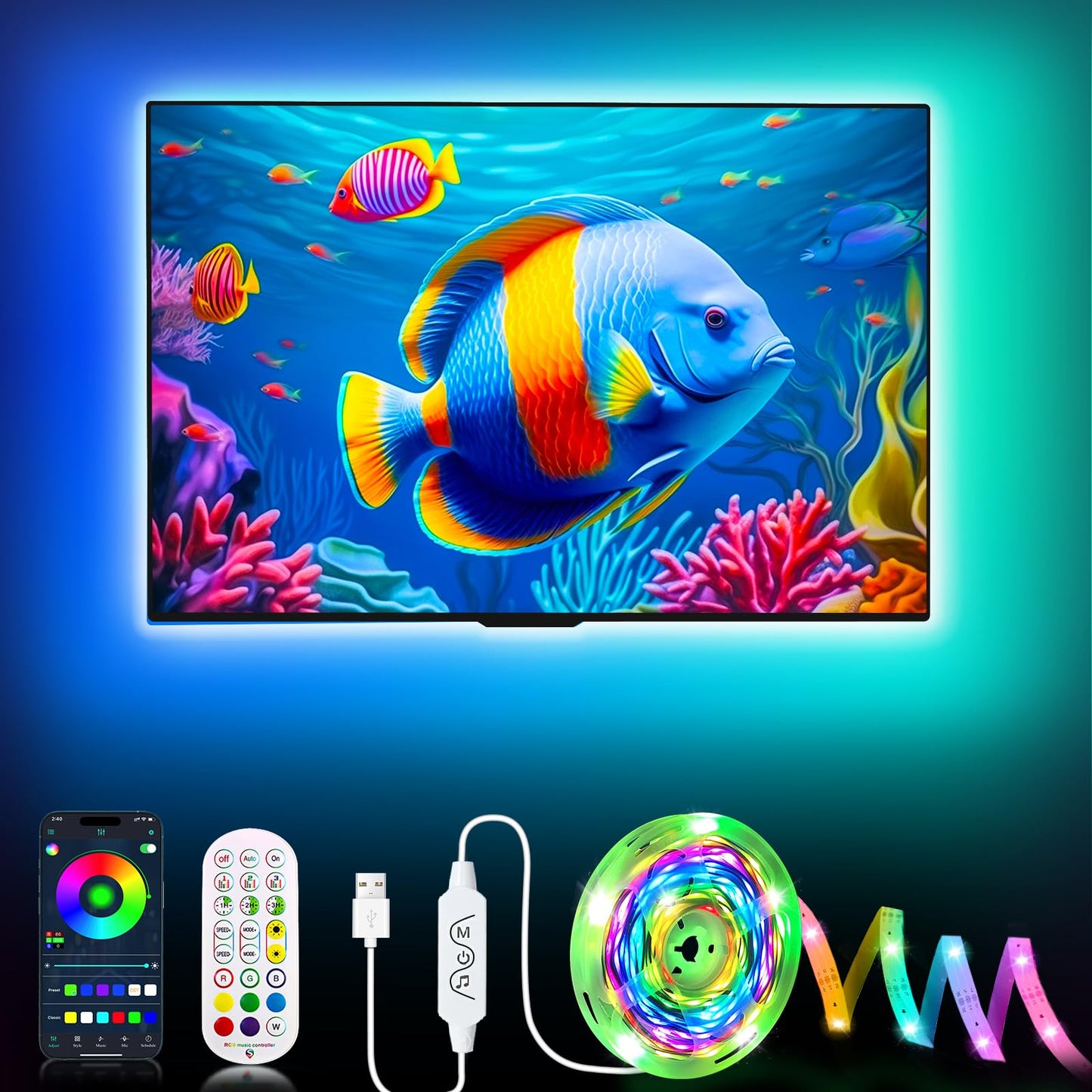 Daymeet LED Lights for TV, 9.8FT TV Led Backlight Behind Lights for 32-60inch USB Led Light Strip Glow RGBICW Color Changing Sync with Music Bluetooth APP Control Led Lighting for Bedroom