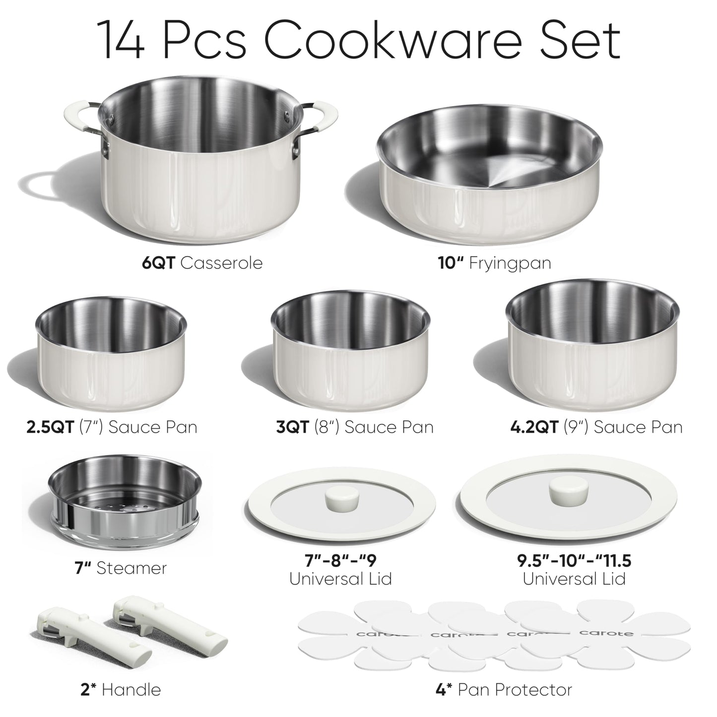CAROTE 14pcs Pots and Pans Set, Stainless Steel Cookware Set Detachable Handle, Induction Kitchen Cookware Sets with Removable Handle, RV Cookware Set, Oven Safe, Camping Cookware, White