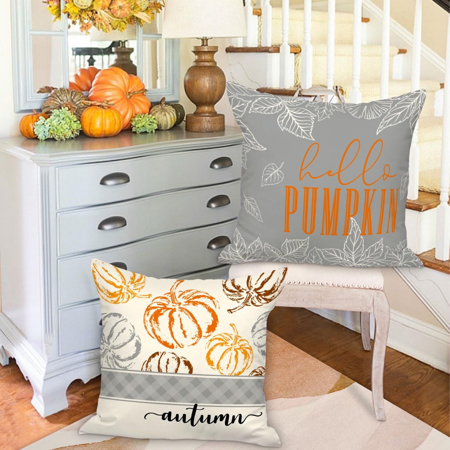 Ywlake 18x18 Fall Pillow Covers Set of 4, Hello Pumpkin Decorative Holiday 18 x 18 Autumn Cushion Covers Thanksgiving Pillow Case for Indoor Home Bedroom Couch Sofa Decor Grey
