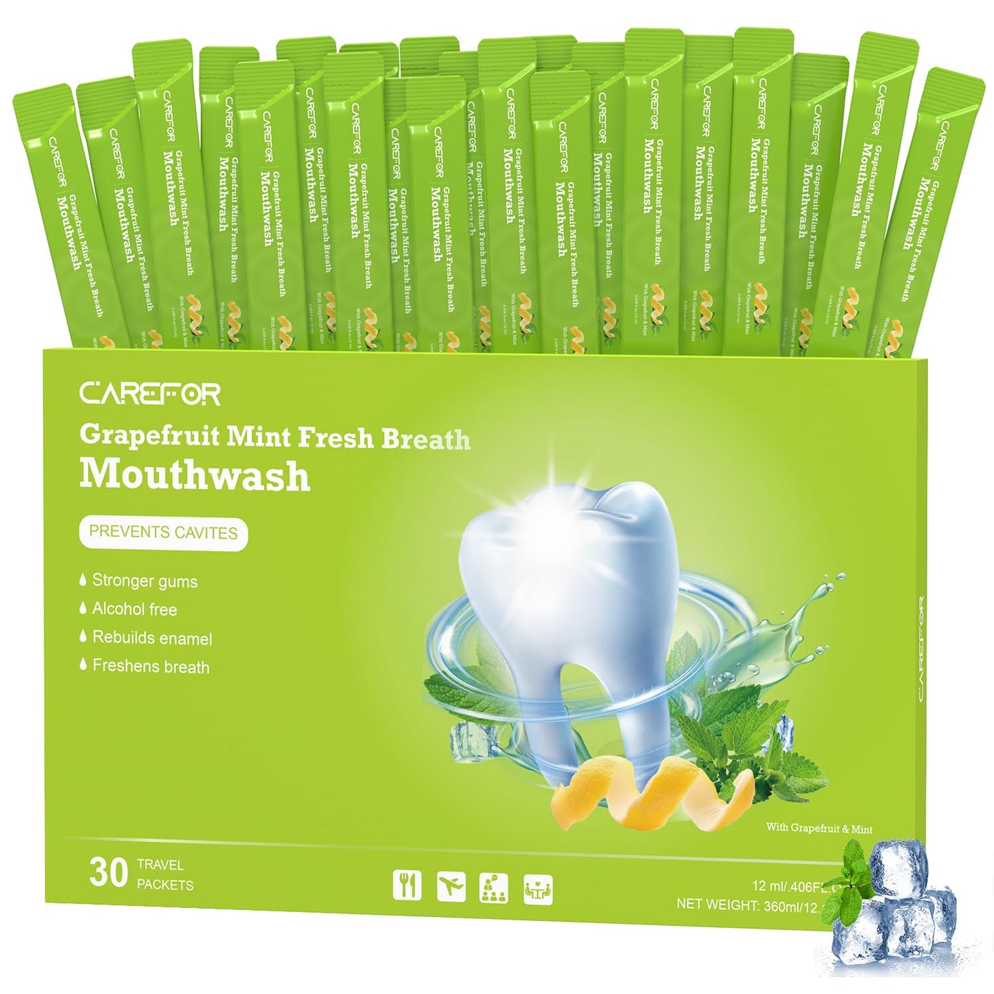Travel Size Mouthwash Packets – Individual Mini, Alcohol & Fluoride Free, Grapefruit Mint Flavor, Mouthwash to Go for On-The-Go Freshness, Bulk Packets 0.41 Fl Oz