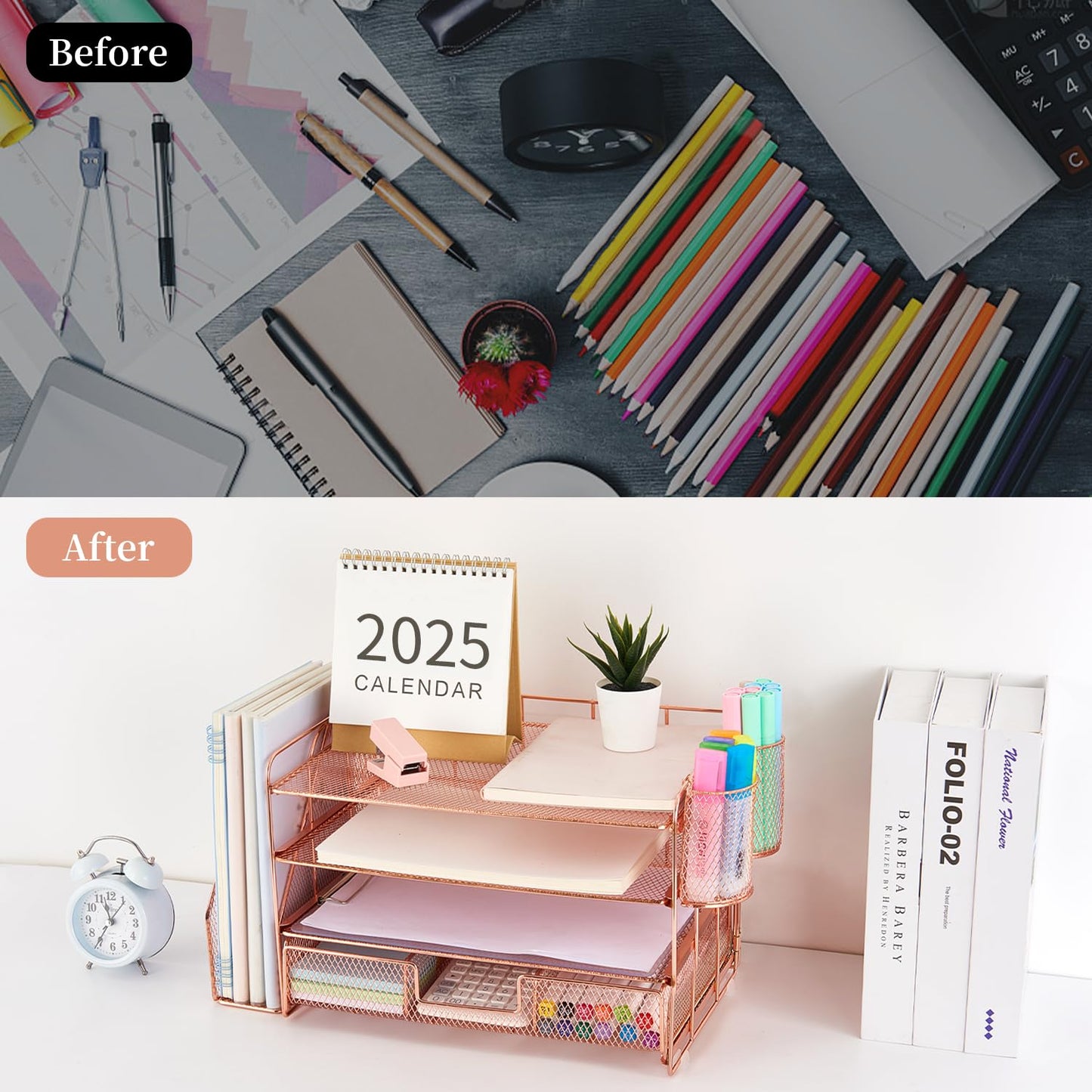 gianotter Desk Organizers and Accessories with File Holder, 4-Tier Desk Accessories & Workspace Organizers with Drawer and 2 Pen Holder, Paper Organizer for Office Supplies (Rose Gold)