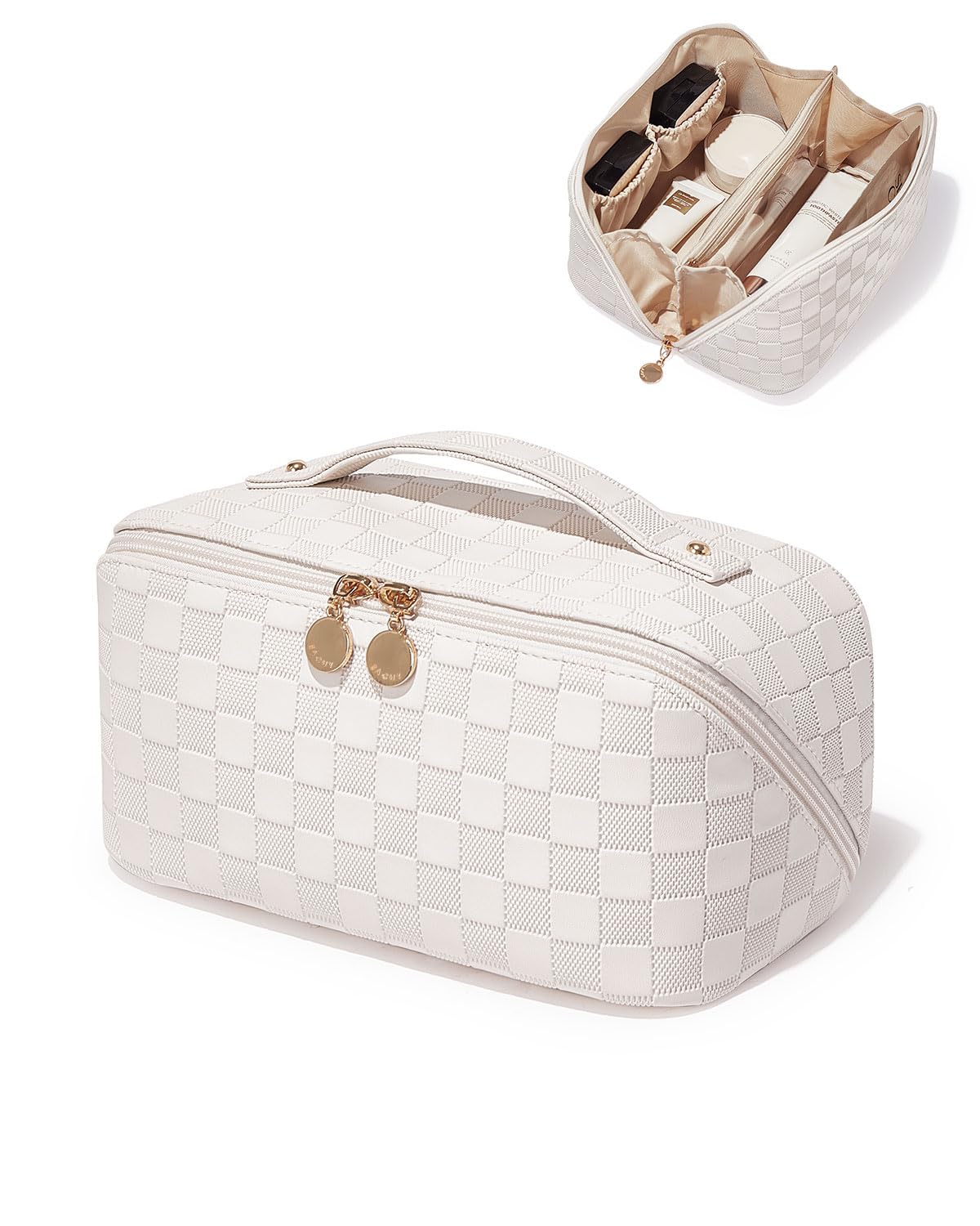 EACHY Travel Makeup Bag,Large Capacity Cosmetic Bags for Women,Waterproof Portable Pouch Open Flat Toiletry Bag Make up Organizer with Divider and Handle