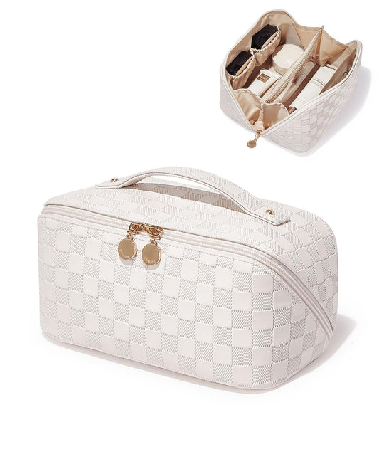 EACHY Travel Makeup Bag,Large Capacity Cosmetic Bags for Women,Waterproof Portable Pouch Open Flat Toiletry Bag Make up Organizer with Divider and Handle