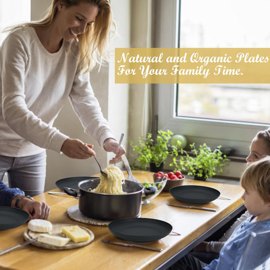 Wrova Wheat Straw Plates - 8 Inch Unbreakable Dinner Plates Set of 8 - Dishwasher & Microwave Safe Plastic Plates Reusable - Lightweight Plates for kitchen,R.V (pure black)