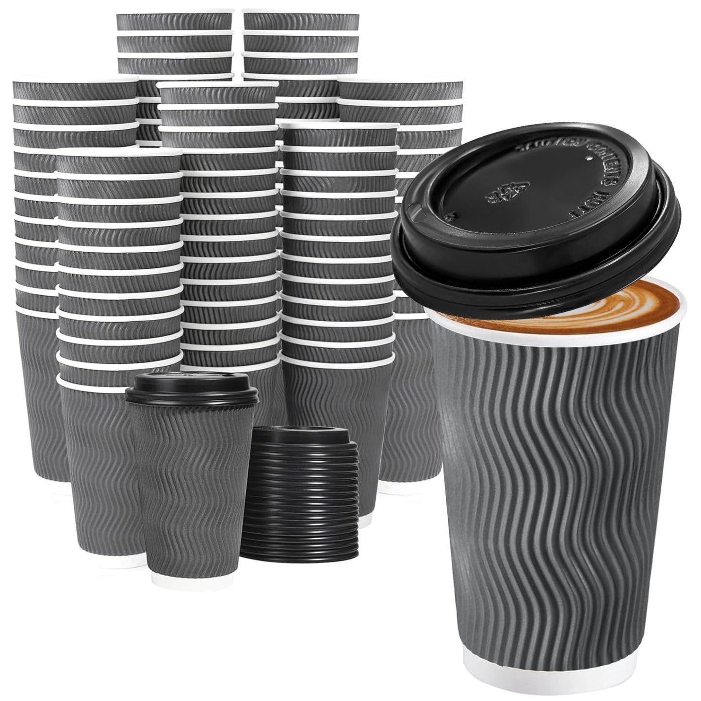 Lamosi 50 Pack - 16 oz Insulated Disposable Coffee Cups with Lids, To Go Paper Coffee Cups with Lids, Corrugated Ripple Wall Cup for Hot Drink, Office, Coffee Bar (Grey)