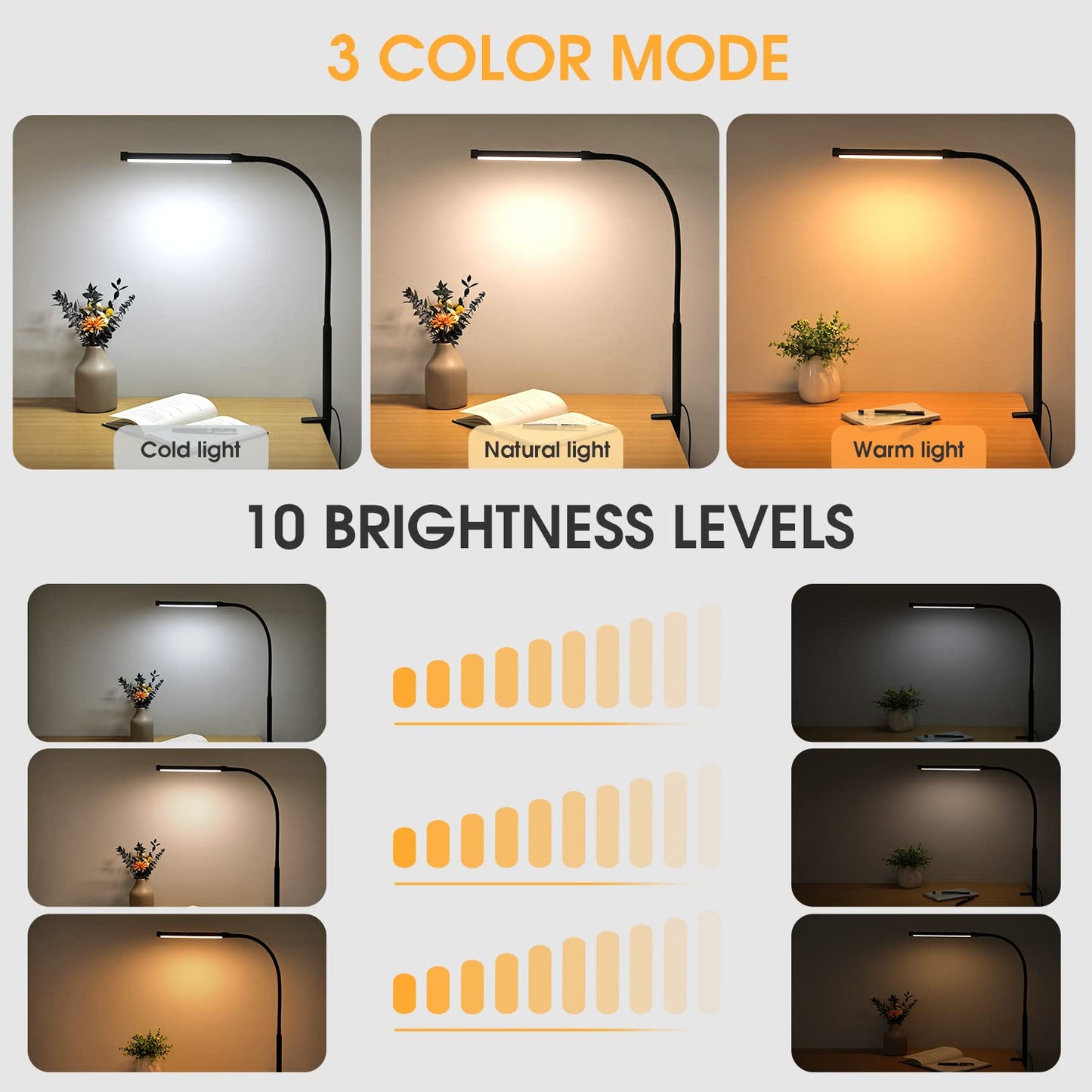 Voncerus LED Desk Lamp with Clamp, Eye-Caring Clip on Lights for Home Office, 3 Modes 10 Brightness, Long Flexible Gooseneck, Metal, Swing Arm Architect Task Table Lamps with USB Adapter, Black