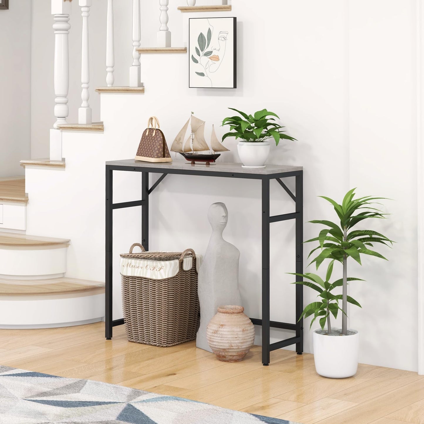 Livofloral Narrow Console Table, 29.5" Small Entryway Table, Sofa Table with 2 Support Bar, Industrial Couch Table, Thin Side Table, Display Tables for Living Room, Hallway, Bedroom, Foyer, Grey