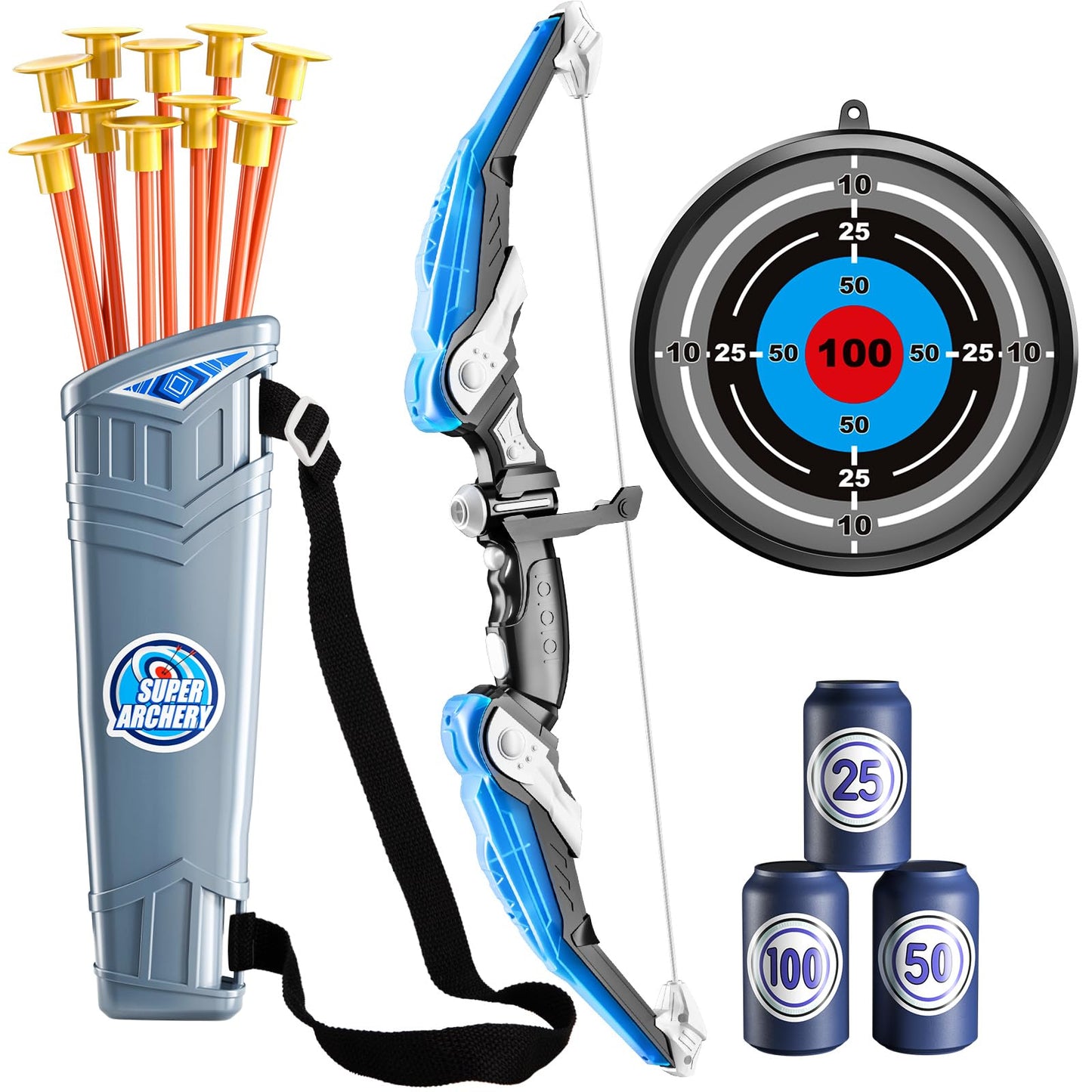 TEMI Bow and Arrow Set for Kids - Archery Toy Set - LED Light Up with Suction Cup Arrows, Target & Quiver, Indoor and Outdoor Toys for Children Boys Girls