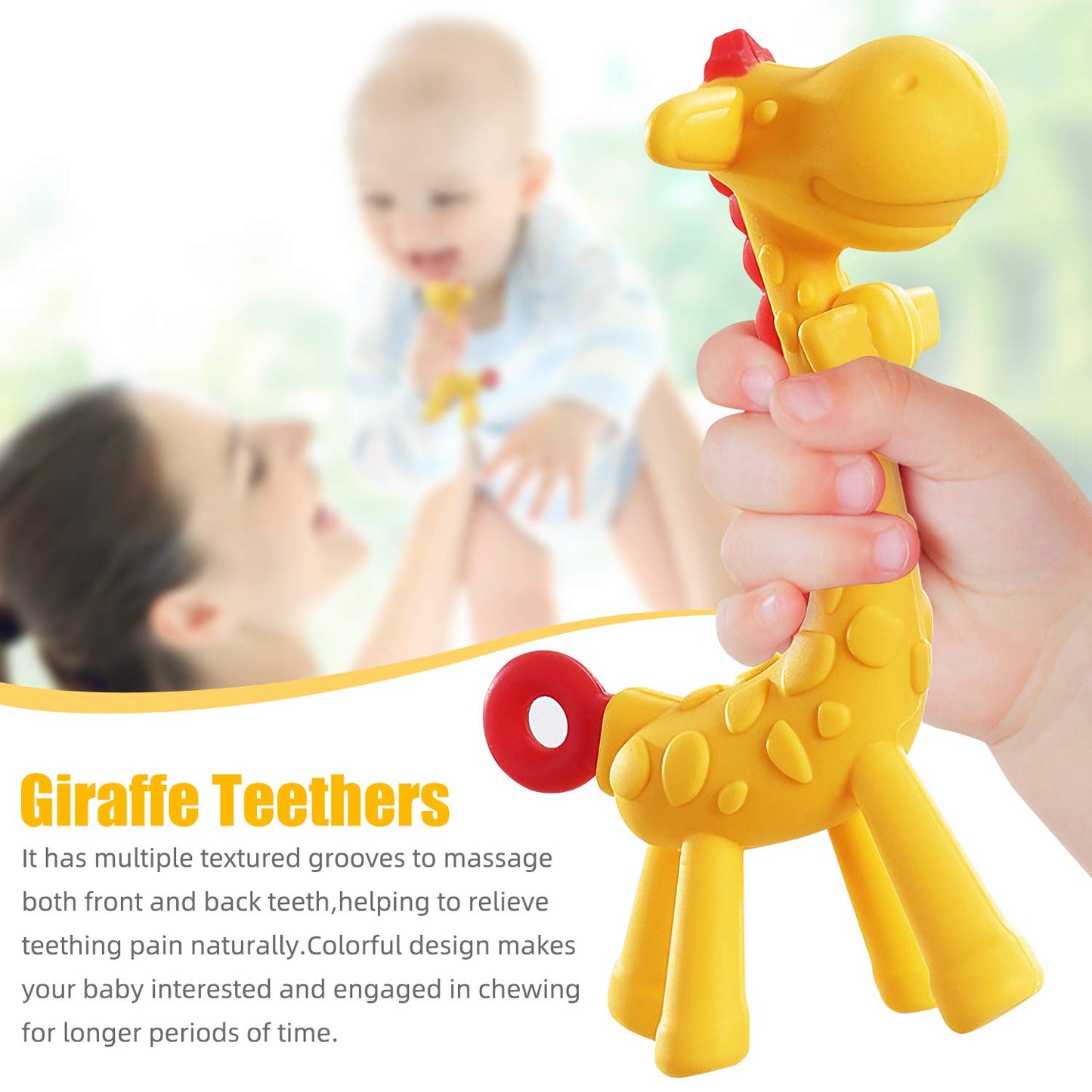 SHARE&CARE BPA Free Silicone Giraffe Baby Teether Toy with Storage Case, for 3 Months Above Infant Sore Gums Pain Relief and Baby Shower, Baby Teething Toys (Yellow)