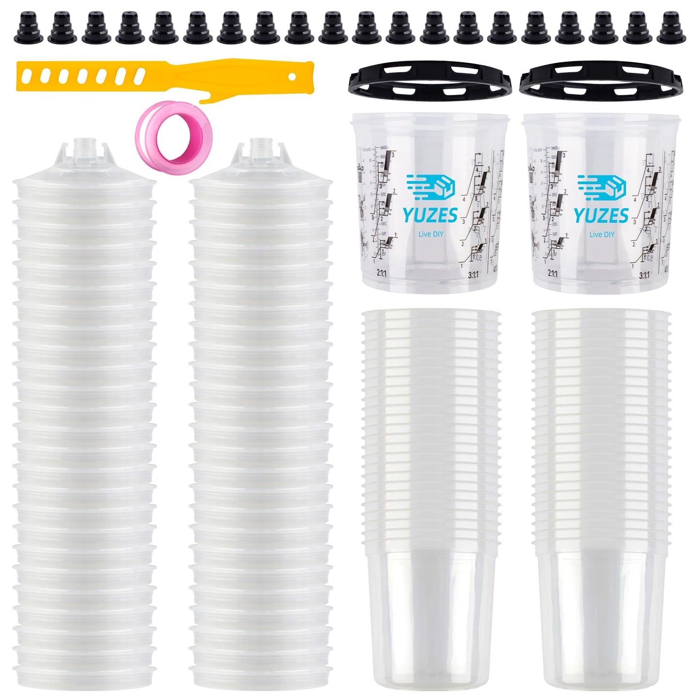 YUZES Disposable Paint Cups for Spray Gun 20 Ounce (600ml), 50 Disposable Paint Cup with Lids, 2 Hard Mixing Cups with Retainer Ring, 20 Plugs, PTFE Tape, Stirrer, for LVLP HVLP Spray Gun