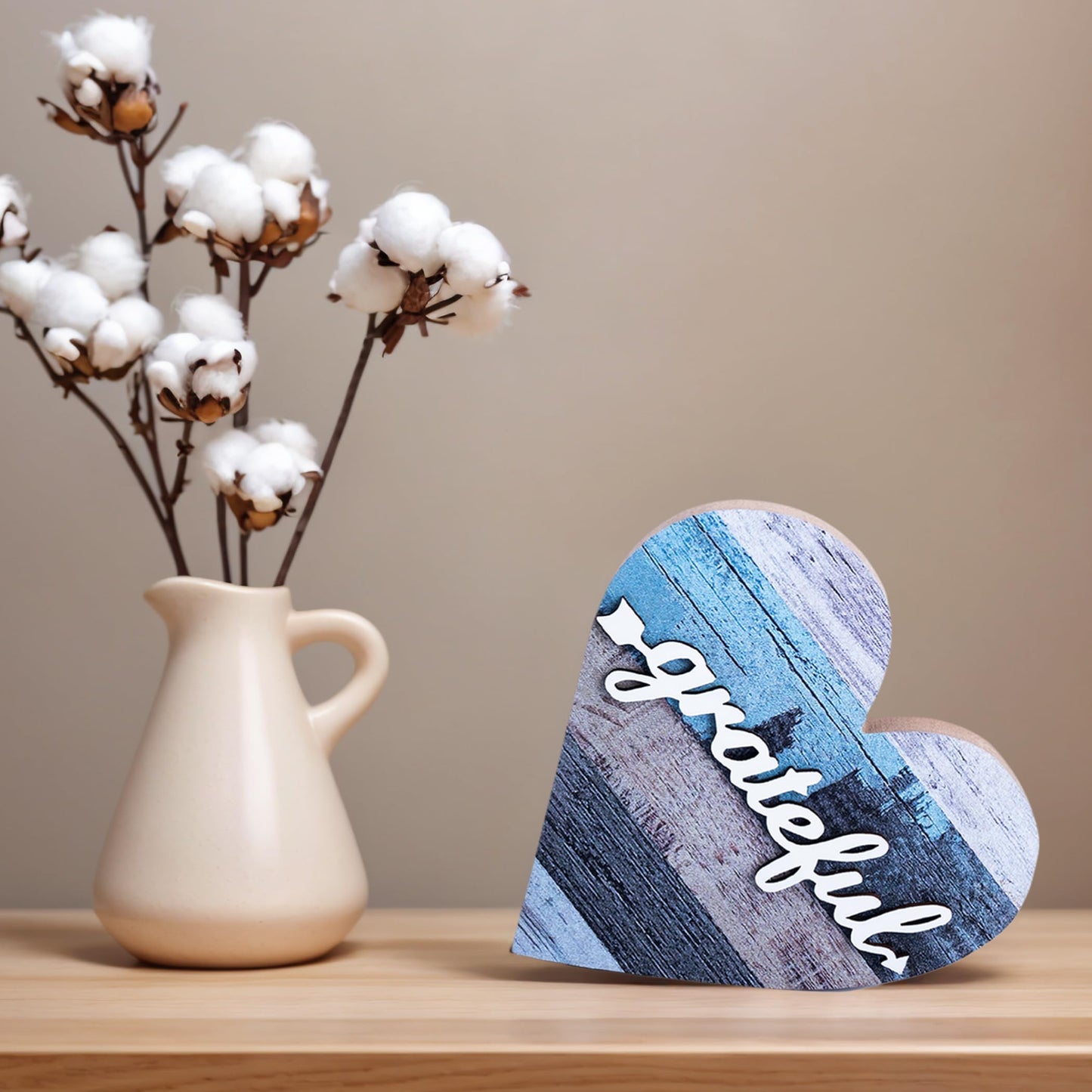 WTYONZEL 2 Pcs Rustic Wooden Table Heart Decor Signs for Home Decor - Farmhouse Valentine's Day Centerpiece, Freestanding Table Decor, Romantic Gifts (Grateful Style)