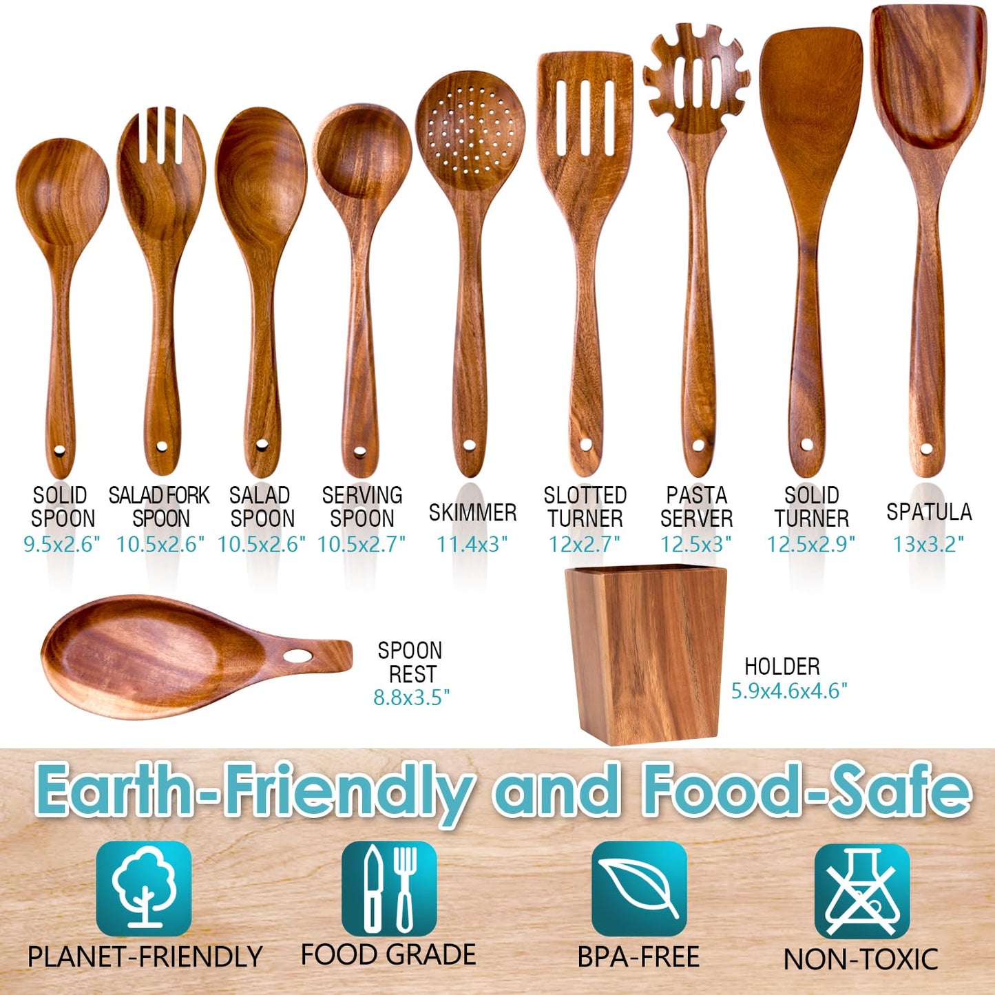 Wooden Spoons for Cooking, Acacia Wood Cooking Utensils Set – 11 Piece Wooden Kitchen Tools with Holder, Spoon Rest, Nonstick Cookware Safe by HOWHONG