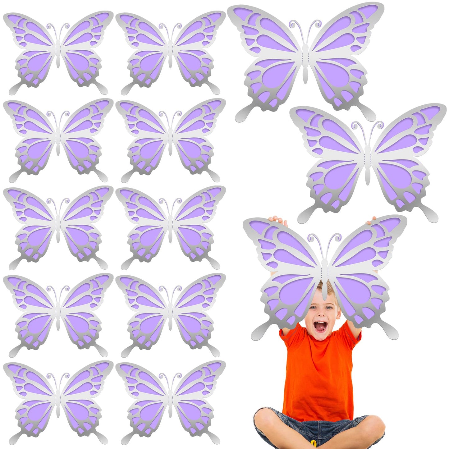 Geyee 12 Pcs 3D Large Butterfly Party Decoration Paper Butterfly Stickers in 2 Different Size Wall Mural Set for Birthday Baby Shower Nursery Bedroom Wedding(Gold and Purple)