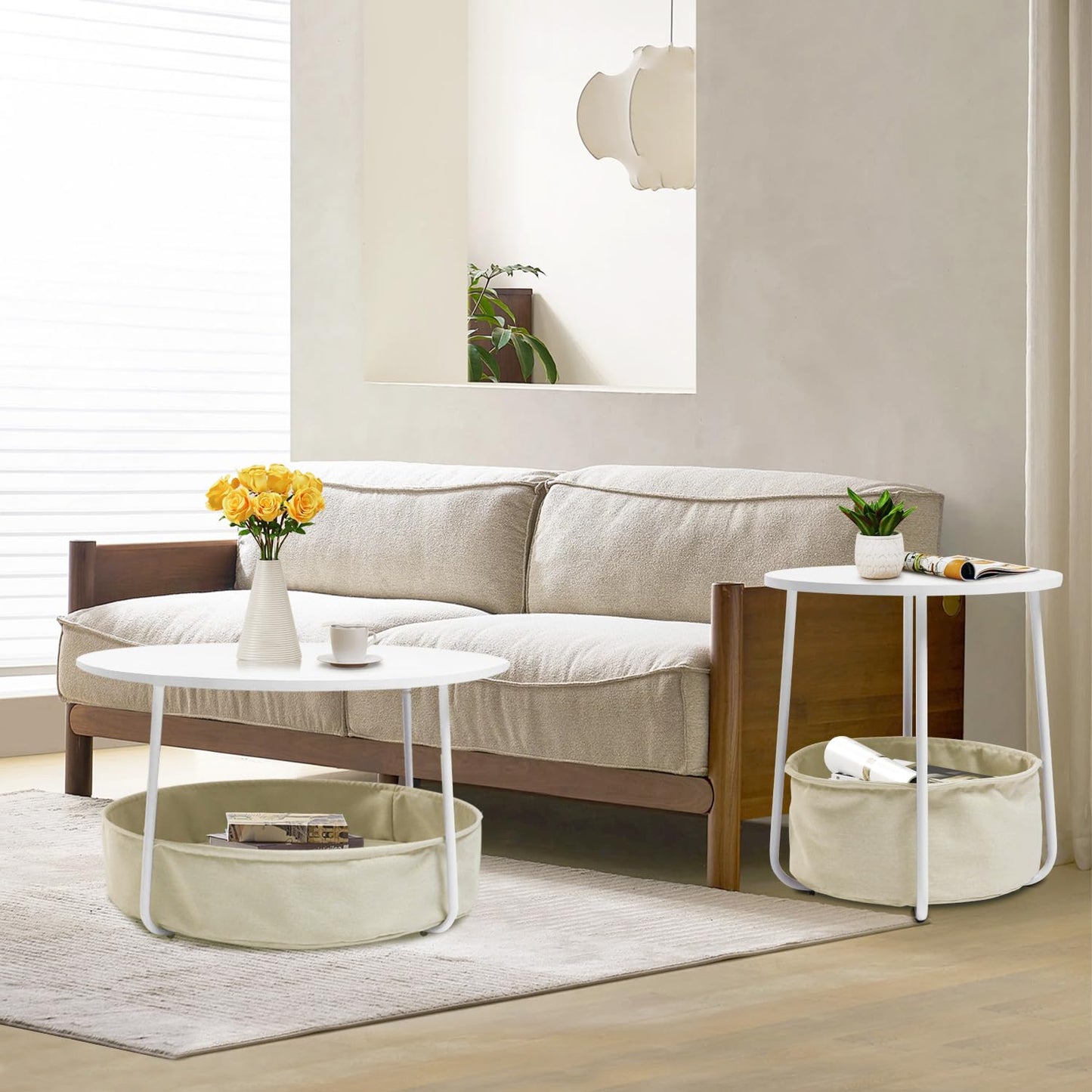 FurnitureR Coffee Table with Storage, 29.53 Inch Round Center Table 2-Tier with Fabric Basket, Sturdy Metal Frame, Modern Living Room Accent Table, White/Camel