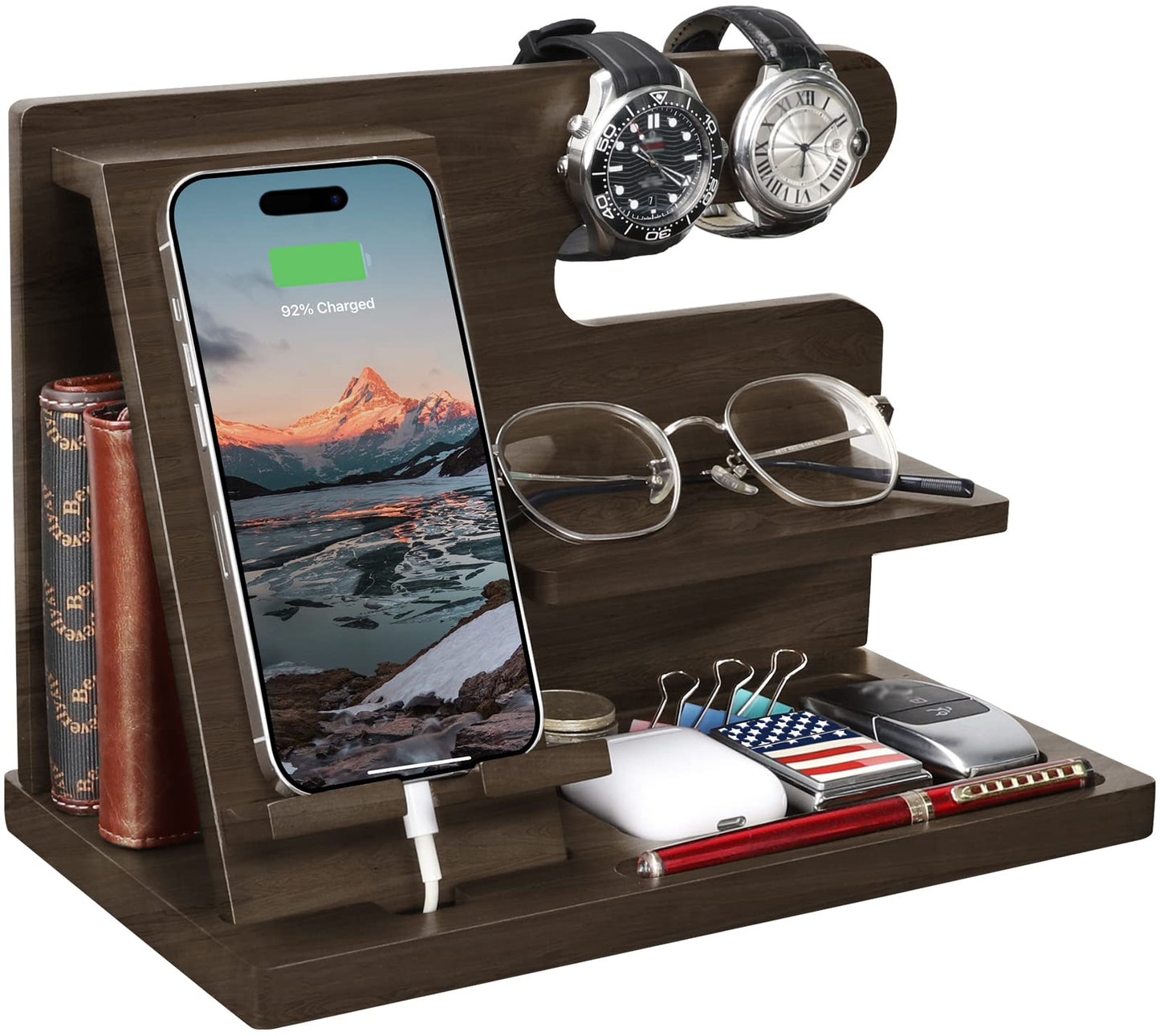 TARANTO Gifts for Men Wooden Phone Dock & Organizer - Nightstand Cell Phone & Watch Holder, Wallet Station, Desk Organizer - Perfect Gifts for Him & Dad