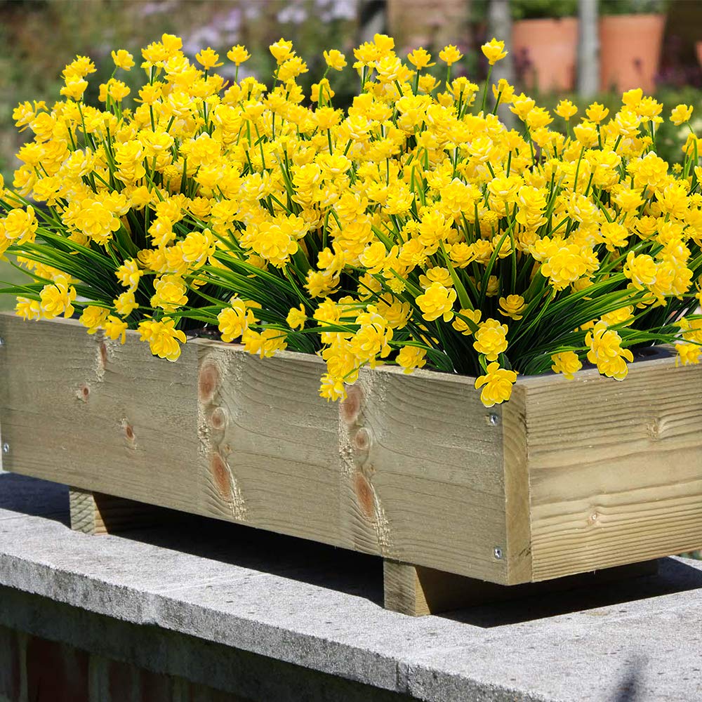 Grunyia Artificial Flowers, 20 Bundles Outdoor Fake Flowers for Decoration UV Resistant Faux Plastic Plants Garden Porch Window Box Décor (Yellow)