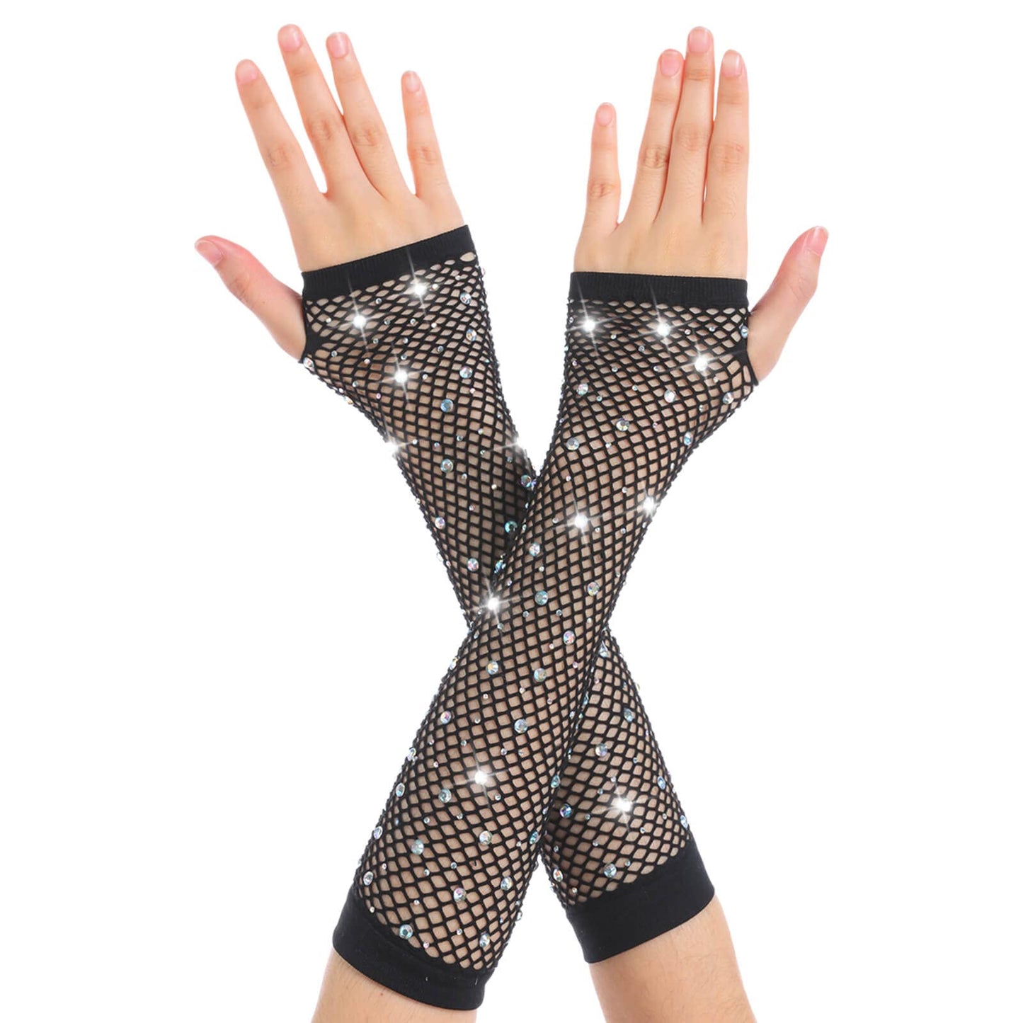 Women Fishnet Rhinestone Gloves Fingerless Kids Fish Net Arm Sleeve Warmers 80s Emo Scene Accessories