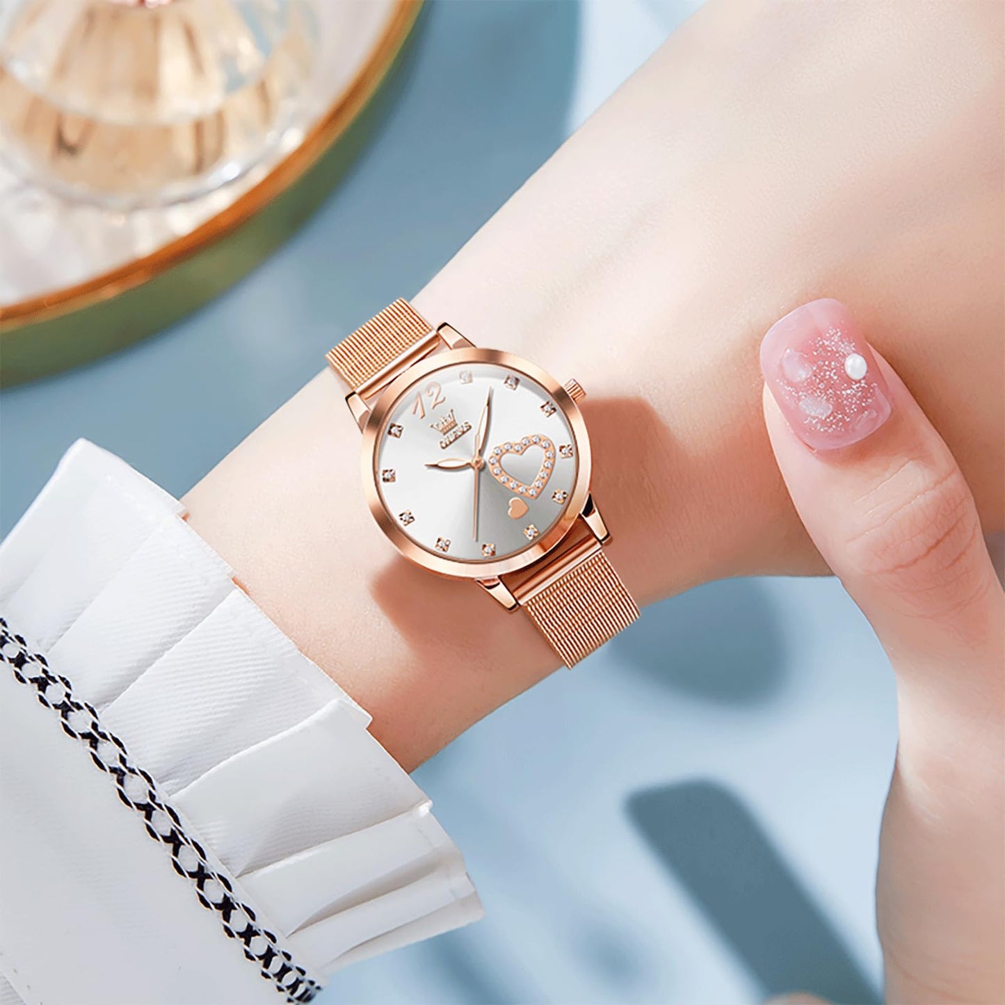 OLEVS Rose Gold Watches for Women White Face Stainless Steel Mesh Bracelet Womens Diamond Watch for Small Wrists Cute Waterproof Analog Quartz Womens Wristwatch Luminous Reloj para Mujer